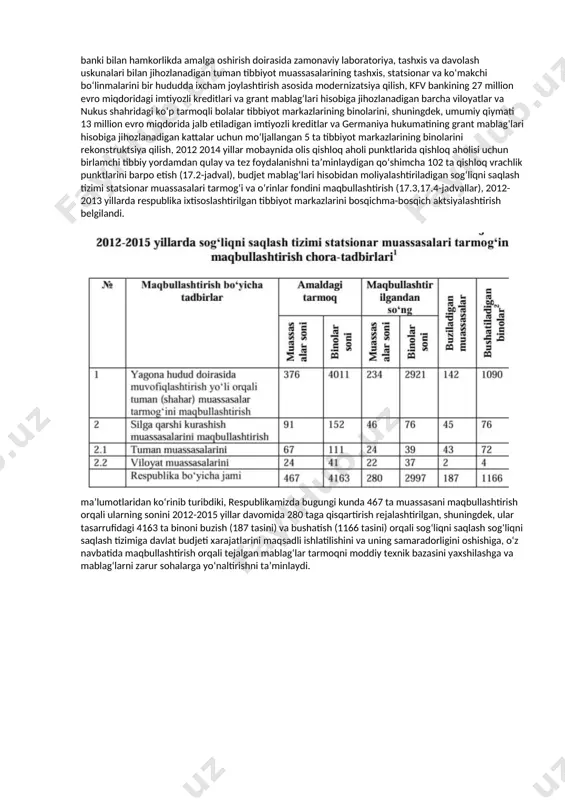 amda asosiy faoliyati fuqarolar sog‘lig‘ini saqlash bilan bog‘liq boshqa korxona, muassasa va tashkilotlar kiradi. ilmiy-tadqiqot institutlarining klinikalari, vazirliklar, idoralar, davlat korxonalari, muassasa va tashkilotlari barpo etadigan davolash-profilaktika va dorixona muassasalari davlat sog‘liqni saqlash tizimiga kiradi. davlat sog‘liqni saqlash tizimining davolash-profilaktika muassasalari aholiga davlat tomonidan kafolatlangan bepul tibbiy yordam ko‘rsatadi. bepul tibbiy yordam ko‘rasatish hajmi va tartibi qonun hujjatlar bilan belgilanadi. davlat tomonidan kafolatlangan tibbiy yordam hajmining belgilangandan ortiqcha tibbiy va boshqa xil xizmatlar ko‘rsatish qo‘shimcha xizmatlar bo‘lib, aholi tomonidan belgilangan tartibda haq to‘lanadi. sog‘liqni saqlash tizimidagi xarajatlarning yuqoriligi va samarasizligining davom etishi bilan bog‘liq muammolarni hal etish maqsadida 1998 yil 10 noyabrda o‘zbekiston respublikasi prezidentining №pf-2107-sonli “o‘zbekiston respublikasi sog‘liqni saqlash tizimini isloh qilish to‘g‘risidagi davlat dasturi to‘g‘risida” gi farmoni qabul qilindi, unga ko‘ra “1998-2005 yillarda sog‘liqni saqlash tizimini isloh qilish kontseptsiyasi” qabul qilindi. davlat dasturida qo‘yilgan maqsadga muvofiq ravishda sog‘liqni saqlash tizimidagi islohotlarning asosiy vazifalari belgilandi: − aholiga birlamchi tibbiy-sanitar …