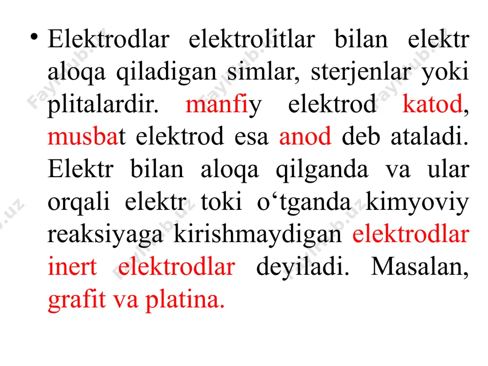 arni tozalash mis va rux kabi metallarni elektroliz orqali tozalash mumkin. metalarni tozalash tozalash deb nomlanadi. misni tozalashning sxematik diagrammasi 10.7-rasmda ko'rsatilgan. ifloslangan mis anod, katod esa sof misdir. elektrolit sifatida mis (ii) sulfat eritmasidan foydalanish mumkin. anodda yarim reaksiya sodir bo‘ladi: anodda yarim reaksiya sodir bo‘ladi ifloslangan anodli loy sifatida idishning tubiga tushadi. bu loy oltin va kumush kabi qimmatbaho metallarni o‘z ichiga olishi mumkin. mis ionlari chiqariladi va sof mis katodiga yotqiziladi. yarim reaksiya elektroqoplama qoplamalarini qo‘llash bu jarayonda qoplama qilinadigan ob’ekt katoddir. bu qoplama metallining ionlarini o‘z ichiga olgan elektrolitga botiriladi. anod sof qoplamali metalldir. muvaffaqiyatli elektroqoplama elektr toki, elektrolitlar kontsentrasiyasi va haroratning to‘liq mos kelishini talab qiladi. katod ham toza bo‘lishi kerak. elektrokaplama bir necha bosqichlarni o‘z ichiga olishi mumkin. masalan, temirni xrom bilan qoplash to‘rt bosqichni o‘z ichiga oladi: 1. katod bovlgan temir ob’ekt sulfat kislota bilan tozalanadi va keyin deionizatsiyalangan suv bilan yuviladi. 2. …