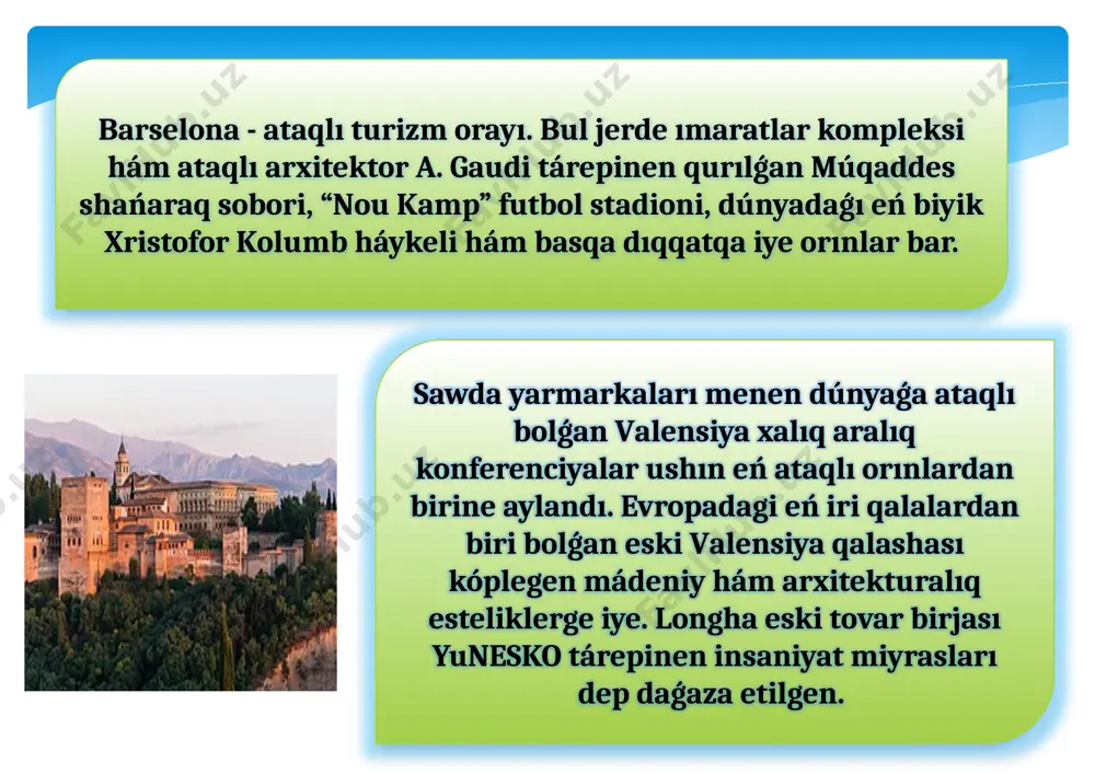 ikli úrp-ádetler hám folklor átirapında aylanadı. eń kem ushraytuǵınları arasında sevilya yarmarkası (ispanchada feria de abril), almonte, uelvadagi romeria de el, xalıq rocio, pamplonadagi dúnyaǵa ataqlı buǵalar juwırıwı, valensiyadagi fallas, bunoldagi tóbeatina (valensiya) ajralıp turadı.[20] kanar atawlarında (santa kruz de tenerife karnavali) hám kadisda karnavallar pútkil ispaniyada da ataqlı. mámleket boylap belgili kinofestivallar ámeldegi bolıp, olardıń eń belgilileri: ataqlı san-sebastyan xalıq aralıq kinofestivalı, malaga ispan filmleri festivali, seminchi (valyadolid xalıq aralıq kinofestivalı ), sáykestra-de-valensiya hám sitges kinofestivalları bolıp, olar dúnyadaǵı eń ataqlı kinofestival bolıp tabıladı. image2.jpeg image3.jpeg image4.jpeg image5.jpeg image6.jpeg image7.jpeg image8.jpeg image9.jpeg image10.jpeg image11.jpeg image12.jpeg image13.jpeg image14.jpeg image15.jpeg image16.jpeg