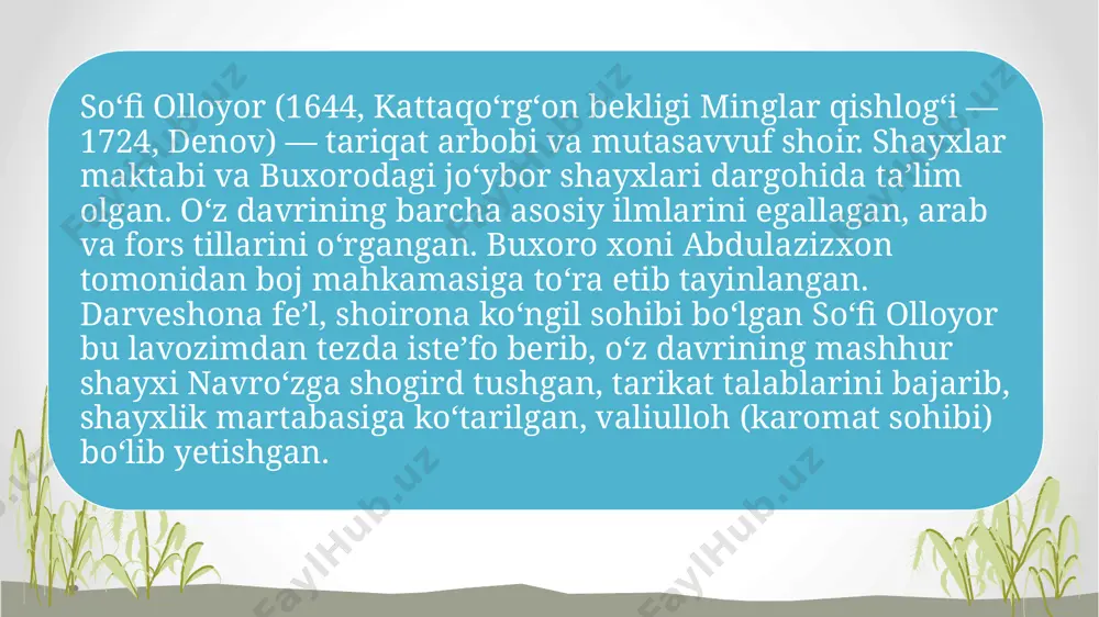 ja eshon, otashzabon shoir mashrablar bilan muloqotlari, oddiy mexnatkash xalq xayoti, ruxiyati bilan yaqinroq tanishuvi muxim bosqich bo’lgan. umrining ko’p qismini sufistik g’oyalarni targ’ib etib, komillik sari intilgan zabardast shoir 1721 yil i vaxshivorda vafot etgan. urtok i. suvonkulovning uqtirishicha bu sana «sabotul-ojizin»ning bir dastxati xamda «sharxi sufiya» kitobida aniq kursatilgan. sufi olloxerdan bizga qadar katta xajmda ijodiy meros qolgan: turli majmualar, baytlarda saqlanib qolgan lirik sheʼrlar, «murod-ul-orifin», «maslak-ul-muttaqin», «maxzan-ul-mutein», «sabot-ulojizin» kabi axloqiy-taʼlimiy, ijtimoiy-falsafiy masnaviylar shular jumlasidandir. bundan tashqari adibning “maslak ul-muttaqin” asari ilmda eng salmoqli merosi ekanligi e’tirof etiladi. u fors tilida yaratilgan fiqhga oid asardir: so’fi olloyoming eng mashhur asari “sabot ul-ojizin”dir. u saudiya arabistoni, pokiston, turkiya kabi ko‘p chet mamlakatlarda ham chop etilgan. ikki marta sharh yozilgan. bu asar dunyo xalqlarida katta qiziqish uyg‘otganini ko‘rsatadi. “sabot ul-ojizin” madaniy merosimizda muhim o‘rin tutgan diniy-axloqiy va didaktik asar. u uzoq yillar xx asr boshlarigacha o‘rta osiyo maktab, madrasalarida darslik …