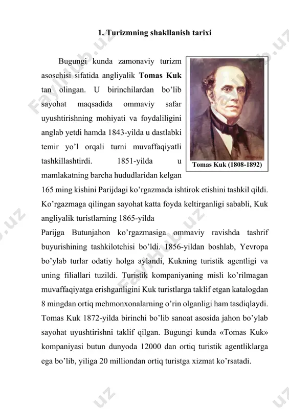 taga o’sdi. hozirgi kunda turizm sohasiga dunyo yalpi mahsulotining 10 foizi, xalqaro sarmoyalarning 7 foizi, ish o’rinlarining har 16-si, dunyo iste’mol xarajatlarining 12 foizi to’g’ri kelmoqda. bugungi kunda turizm – jahon miqyosidagi iqtisodiyotning juda kuchli tarmog’i bo’lib, bu sohaga juda ko’p sonli xodimlar, asosiy vositalar va yirik kapital mablag’lar jalb qilingan. turizm yirik biznes, katta pul va global miqyosdagi jiddiy siyosatdan iborat. bugungi kunda jamiyatning rivojlanishi bilan sayyoramizning ko’plab aholisi turizm sohasiga jalb qilinmoqda. 1995–1997-yillar mobaynida sayohat qiluvchilar sonining barqaror o’sish tendensiyasi yiliga o’rtacha 4 foizga kuzatilib, 2008-yildan jahondagi moliyaviyiqtisodiy inqiroz sababli bu sohadagi faollikning kamayganligi qayd qilindi. turizm sohasi ko’pgina mamlakatlarda shiddat bilan rivojlanayotgan industriyaning ijtimoiy-iqtisodiy tarmog’i hisoblanadi. butunjahon turizm tashkilotining (btt) baholashiga ko’ra, turizm xizmatlari rivojlangan shaharga tashrif buyurgan 100 nafar turist 20 ming aqsh dollar atrofida mablag’ sarflaydi, ya’ni har bir turist tomonidan bir kunda shaharga 200 aqsh dollari miqdorida foyda kelishi mumkin. turizm infratuzilmasi va industriyasi …