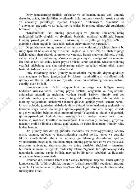 real qadriyatlarni tiklash yo‘lida qilinayotgan sa’y-harakatlarni tavsiflash, nihoyat, milliy va diniy qadriyatlarning sog‘lom avlodni, jumladan talabalarni kamol toptirishga bag‘ishlash, ularda din haqida ilmiy dunyoqarashni shakllantirishdan iborat. 2. din tushunchalarining mohiyati. dinning funksiyalari va ijtimoiy ahamiyati. din tushunchasi o‘zbek tiliga arab tilidan kirib kelgan bo‘lib, ishonch, inonmoq ma’nosini bildiradi. bizning fikrimizcha, din real voqelikdagi, ijtimoiy hayotdagi narsa va hodisalarni tabiatdan, jamiyatdan tashqarida mavjud deb hisoblaydigan, ularni o‘ziga xos tarzda aks ettiradigan ma’naviy e’tiqod va amalning bir turidir. e'tiqod so‘zi ham arab tilidan kirib kelgan bo‘lib, chuqur, mustahkam ishonch ma’nosini anglatadi - demak, diniy e’tiqod deganda mustahkam, chuqur ishonch, maslak, ishonish tushuniladi. ilohiyot, ya’ni diniy ta’limot nuqtayi nazardan "din", "diniy e’tiqod" tushunchalari jamiyat, inson, uning ongi hayotning ma’nosi, maqsadi va taqdiri uni bevosita qurshab olgan moddiy olamdan tashqarida bo‘lgan, uni yaratgan, ayni zamonda insonlarga birdan-bir "to‘g‘ri", "haqiqiy", "odil" hayot yo‘llarini ko‘rsatadigan va o‘rgatadigan ilohiy borliqqa ishonch va ishonishni ifoda etadigan maslak, qarashlar, …