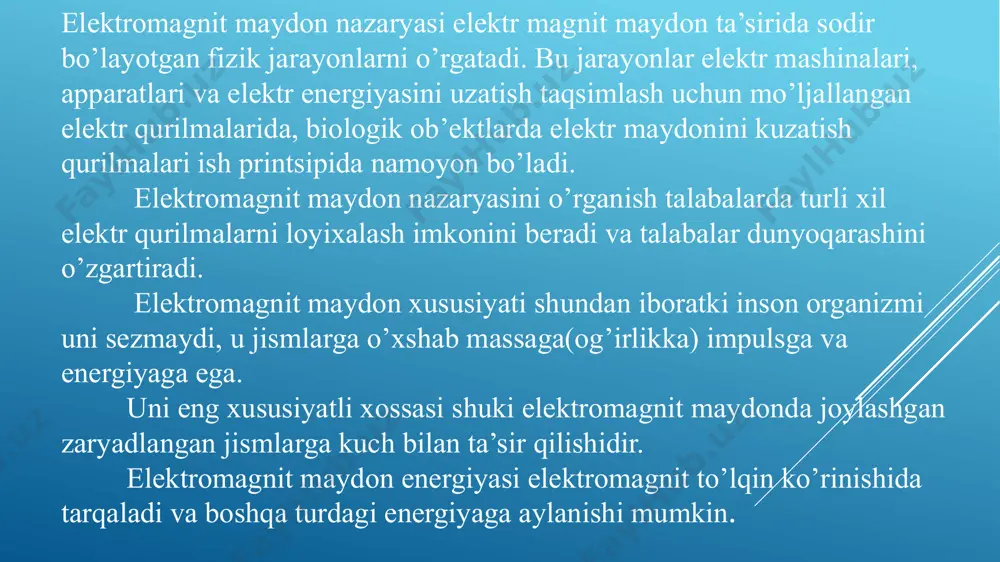 ralash ko’paytma image1.png image2.emf image3.emf image4.emf ma’lum o’lchov birligida olingan son k,iymati bilangina anik,lanuvchi kattaliklar skalyar kattaliklar deyiladi. masalan, massa (m), temperatura (t), uzunlik (l), ‘ajm (v), zichlik () va ‘. k. maolum o’lchov birligida olingan son k,iymati va anik, yo’nalishi bilan anik,lanuvchi kattalik vektor kattalik deb yuritiladi. masalan, kuch (  f ), tezlik (  v ), tezlanish (   ) va ‘okazo. vektor grafikda yo’naltirilgan kesma tarzida tasvirlanadi. vektorlar, odatda, skalyar kattaliklardan fark,lanib, ustiga strelka yoki chizik,cha k,o’yilgan xarflar ork,ali (  a yoki a ), shuningdek, k,ora kursiv ‘arflar bilan ( a ) yoziladi. vektorning son k,iymati uning uzunligi yoki moduli deb yuritiladi: |  a | = a . moduli birga teng bo’lib, berilgan vektor yo’nalishini ko’rsatuvchi vektor birlik vektor yoki ort deyiladi. ixtiyoriy  a vektor o’zining a moduli va 0  a orti ork,ali 1, 00    aaaa (1.1) ko’rinishda …