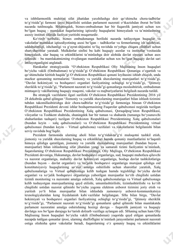 b borishga qobul bo‘lgan, huquqiy davlat sifatlariga mos qonun chiqaruvchi hokimiyat shakllandi. parlament qonunlar va davlat byudjeti ijrosi yuzasidan hukumat va uning organlari faoliyatini nafaqat bemalol nazorat qila oladigan, balki jamiyatni konstitutsiyaviy huquqiy asoslar va qonunlarga rioya etgan holda yashashini ta’minlay boshladi. mamlakatda 2016 yilning so‘nggi choragida sh.m.mirziyoevning davlat rahbari etib saylanishi, uning prezidentlik saylovida saylovchilarning mutlaq yuqori – 88,60 foiz ovozi olgan holda mamlakat prezidenti etib saylanishi muhim va tarixiy voqelik siftida tarixga kirdi. qisqa davr – yarim yil ichida mamlakatda davlat boshqaruvini modernizatsiyalash, fuqarolik jamiyati va huquqiy davlat qurish islohotlarini yanada chuqurlashtirishga doir qator huquqiy asoslar qabul qilinib, ular ijtimoiy-siyosiy va iqtisodiy hayotga jadallik bilan joriy etila boshlandi. hozirgi davrga kelib “mamlakatimiz bosib o‘tgan taraqqiyot yo‘lining chuqur tahlili bugungi kunda jahon bozorida kon’yunktura o‘zgarib, raqobat tobora kuchayib borayotganini har tomonlama hisobga olishni, shu asosda davlatimizni yanada barqaror va jadal sur’atlar bilan rivojlantirish uchun mutlaqo yangicha strategik yondashuv va …