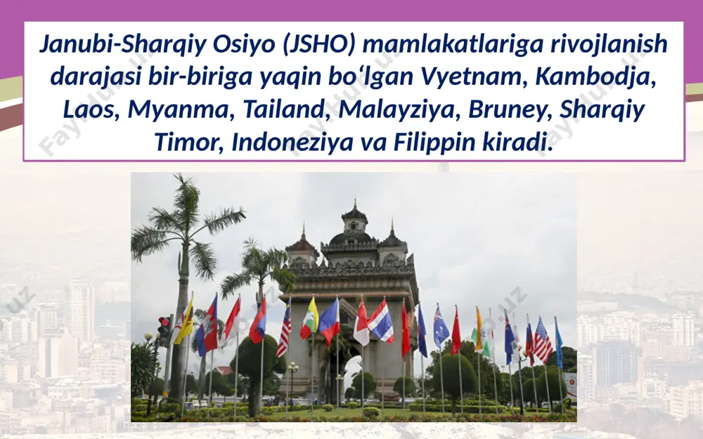 ramos 2016-yil may oyida bo‘lib o‘tgan saylovlarda rodrigo roa duterte g‘olib chiqib, filippin prezidenti bo‘ldi. u mamlakatda 2006-yili bekor qilingan o‘lim jazosini qayta tiklash tarafdori. rodrigo roa duterte bu mamlakatlarda sanoatning kemasozlik, avtomobilsozlik, neftni qayta ishlash sohalari va yengil sanoat buyumlari ishlab chiqarish rivojlangan. ilmtalab yuqori texnologiyalarni joriy qilish, kompyuterlashtirish va robotlashtirish bo‘yicha yuqoridagi davlatlar dunyoda eng ilg‘orlardan hisoblanadi. savol va topshiriqlar 1. vyetnamda 1991-yili boshlangan iqtisodiy islohotlar qanday natijalarga olib keldi? 2. xxi asrda kambodja va laosda qanday o‘zgarishlar sodir bo‘lmoqda? 3. sharqiy osiyo mamlakatlari rivojlanishning qanday darajasida turibdi? 4. jsho mintaqasidagi «yangi industrial dav latlar»da sanoatning qaysi sohalari rivojlangan? image2.jpg image3.jpeg image4.jpeg image5.jpeg image6.jpeg image7.jpeg image8.emf image9.emf image10.jpeg image11.jpeg image12.jpeg image13.jpeg image14.jpeg image15.jpeg image16.jpeg image17.jpeg image1.jpg