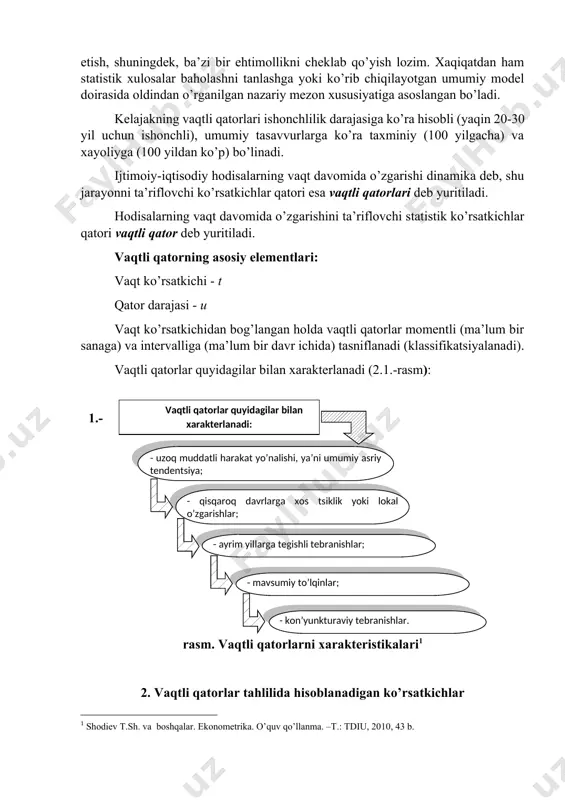 natijasi o’laroq o’rganilayotgan hodisalarga ehtimollar nazariyasi bilan yondashishda hodisalar modelini statistik eksperimentlarda xayolan tasavvur etish, shuningdek, ba’zi bir ehtimollikni cheklab qo’yish lozim. xaqiqatdan ham statistik xulosalar baholashni tanlashga yoki ko’rib chiqilayotgan umumiy model doirasida oldindan o’rganilgan nazariy mezon xususiyatiga asoslangan bo’ladi. kelajakning vaqtli qatorlari ishonchlilik darajasiga ko’ra hisobli (yaqin 20-30 yil uchun ishonchli), umumiy tasavvurlarga ko’ra taxminiy (100 yilgacha) va xayoliyga (100 yildan ko’p) bo’linadi. ijtimoiy-iqtisodiy hodisalarning vaqt davomida o’zgarishi dinamika deb, shu jarayonni ta’riflovchi ko’rsatkichlar qatori esa vaqtli qatorlari deb yuritiladi. hodisalarning vaqt davomida o’zgarishini ta’riflovchi statistik ko’rsatkichlar qatori vaqtli qator deb yuritiladi. vaqtli qatorning asosiy elementlari: vaqt ko’rsatkichi - t qator darajasi - u vaqt ko’rsatkichidan bog’langan holda vaqtli qatorlar momentli (ma’lum bir sanaga) va intervalliga (ma’lum bir davr ichida) tasniflanadi (klassifikatsiyalanadi). vaqtli qatorlar quyidagilar bilan xarakterlanadi (2.1.-rasm): vaqtli qatorlar quyidagilar bilan xarakterlanadi: - uzoq muddatli harakat yo’nalishi, ya’ni umumiy asriy tendentsiya; - qisqaroq davrlarga xos tsiklik yoki …