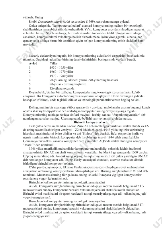 pper ko'pincha "bug" va "atamalarini yaratganligi uchun yolg'on hisoblangandisk raskadrovka, "u mark ii-da ishlamay qolgan kuya topganda; ammo, u kuya topganda aslida bu atama allaqachon ishlatilgan edi. hopper birinchi kompilyatorni ishlab chiqdi va mark kompyuterlarida ishlashdan ishlashga g'oyasini olib keldi univac 1950-yillarda. xopper dasturlash tilini ham rivojlantirdi flow-matic univac dasturini amalga oshirish. frensis e. xolberton, shuningdek, univac-da ishlaydigan, kod ishlab chiqardi[tushuntirish kerak], c-10, bu dasturchilarga klaviatura yozuvlaridan foydalanishga imkon beradigan va yaratgan saralash-birlashtirish generatori 1951 yilda. adele mildred koss va xopper shuningdek a uchun kashshofni yaratdi hisobot generatori. dastlabki kompyuter dasturlari (1948-1979). uning "matematik aloqa nazariyasi" qo'lyozmasida, klod shannon (1916-2001) kompyuterni dasturlash uchun ikkilik mantiqni qanday amalga oshirish mumkinligi haqida tasavvur yaratdi. keyinchalik, birinchi kompyuter dasturchilari foydalangan ikkilik kod kompyuterlarga turli xil vazifalarni bajarishga ko'rsatma berish. shunga qaramay, bu jarayon juda og'ir edi. kompyuter dasturchilari kompyuterga qanday ma'lumotlarni saqlash kerakligini aytish uchun ikkilik kodlarning uzun qatorlarini taqdim etishlari kerak edi. …
