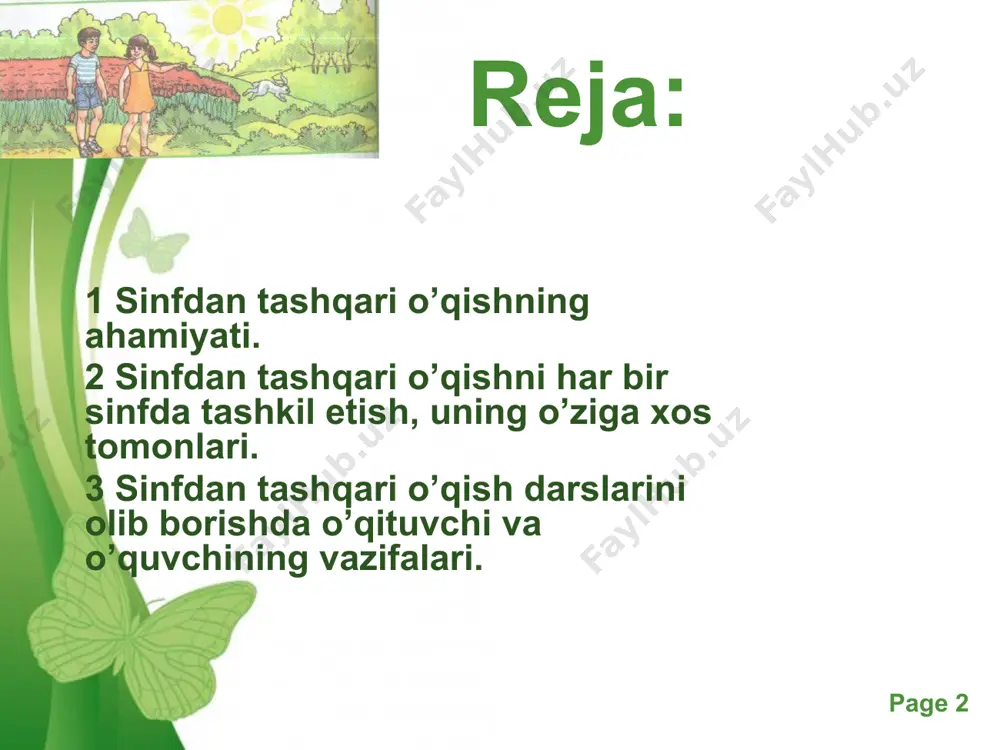 koya qilib berish bilim, ko’nikma va malakalar shakllantiriladi. bu sinf o’quvchilari uchun asosan rasmlarga boy kitoblar olinadi. o’qituvchi bolalarning his-tuyg’ularini o’stiradigan kitoblarni o’qib berish orqali mustaqil mamlakatimiz, uning go’zal shaharlari, qishloqlari, milliy urf-odatlari, qadriyatlari, o’tmishi, insonlarning orzu-istaklari bilan tanishtiriladi. ularda bilimga havas uyg’otadi. free powerpoint templates page ‹#› 2-sinfda o’quvchilar kichik hajmdagi asarlarni o’qituvchining yordami va topshirig’i asosida mustaqil o’qishga o’tadilar. bu sinfda 2 haftada bir marta sinfdan tashqari o’qish darsi o’tkaziladi. ona – vatan va ota-bobolar jasorati, o’simliklar, qushlar hamda hayvonlar haqidagi asarlarni o’qituvchi topib, tanlab o’quvchilarga o’qishga tavsiya etadi. 3 va 4-sinflarda sinfdan tashqari o’qish mashg’ulotlarida o’quvchilarning mustaqil o’qishlari uchun kishilarning hayoti, yorqin tasvirlangan, ularning ma’naviy-ahloqiy turmush tarzi aks ettirilgan badiiy va ilmiy-ommabop asarlar tavsiya etiladi. 3-4 sinflarda sinfdan tashqari o’qish darslari ikki haftada bir marta o’tkaziladi. bu sinflarda o’qituvchi sinf kutubxonasida kerakli bo’lgan o’quvchilar yoshiga mos kitoblarni to’plashni davom ettiradi. sinfdan tashqari o’qish burchagi turlicha bezalishi mumkin. …