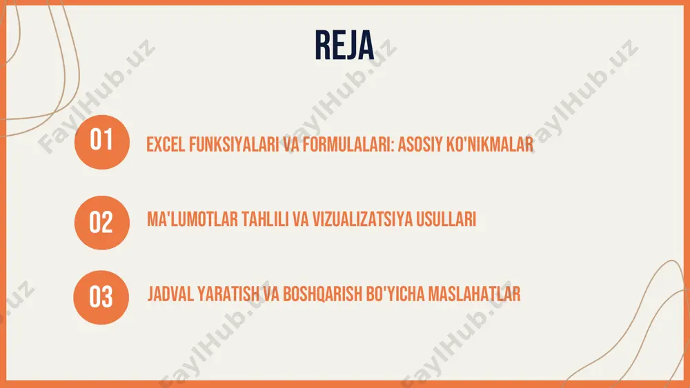 ulosalar chiqarish va qarorlar qabul qilish jarayoni. bu jarayon biznes va ilmiy tadqiqotlarda muhim ahamiyatga ega. - vizualizatsiya: ma'lumotlarni grafik shaklda ifodalash usuli. bu, ma'lumotlarni tez va oson tushunishga yordam beradi. excelda diagrammalar va grafiklar orqali ma'lumotlarni vizualizatsiya qilish mumkin. - excelda ma'lumotlarni tahlil qilish uchun vositalar: pivottable, grafiklar, conditional formatting va funktsiyalar. bu vositalar yordamida ma'lumotlarni yanada aniqroq tahlil qilish va taqdim etish mumkin. excelda grafiklar va diagrammalarni qo'llash grafiklar: ma'lumotlarni vizual ko'rsatish grafiklar, ma'lumotlarni vizual ko'rsatish uchun qulay vositadir. ular ma'lumotlarni tezda anglashga yordam beradi va tendensiyalarni ko'rsatadi. grafiklarning turli turlari mavjud, masalan, chiziqli, ustunli va doira grafiklari. diagrammalar: diagramma yaratish imkoniyatlari diagrammalar, ma'lumotlarni ko'rsatishning boshqa bir usuli. excelda grafiklar yaratish uchun ko'plab variantlar mavjud. diagrammalar orqali murakkab ma'lumotlarni oddiy ko'rinishda taqdim etish mumkin. excelda grafik va diagrammalarni amaliy yaratish excelda grafik va diagrammalarni yaratish jarayoni oddiy va qulay. misol uchun, ma'lumotlar to'plamidan ustunli grafik yaratish, bir necha …