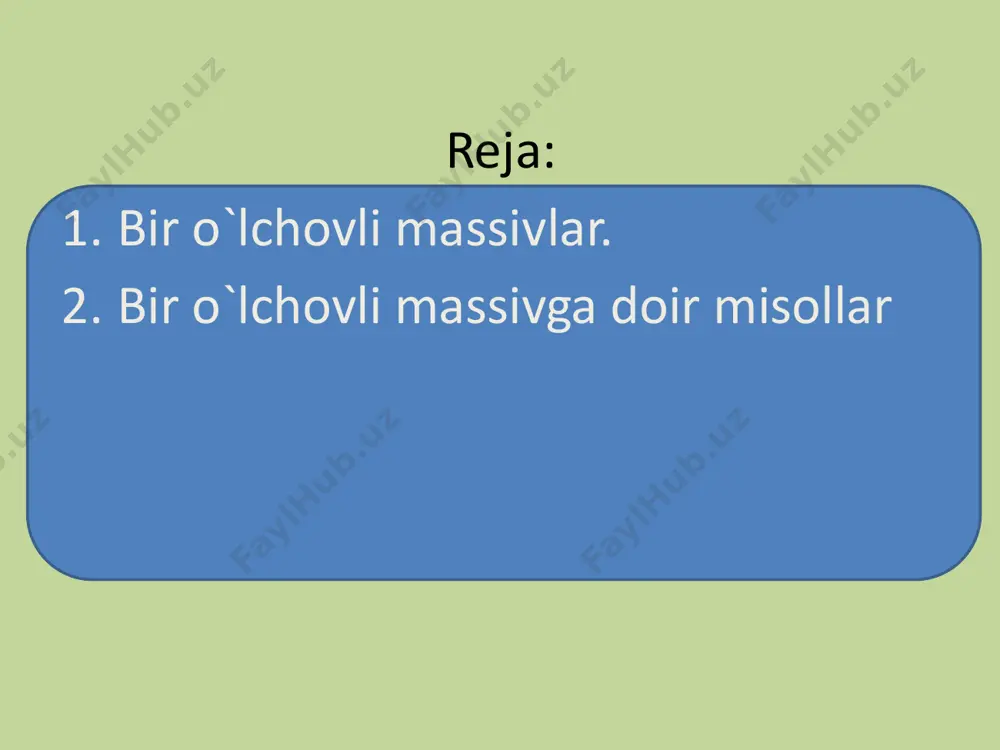 i elementning iymatini bildiradi. from array import * mas = array('i', [2, 5, 4, 0, 8]) mas.insert(4, 3) for i in mas: print(i) natija: 2 5 4 0 3 8 elementni o‘chirish. pythonda pop() metodi yordamida keraksiz elementlarni massivdan o’chirib tashlash mumki. buning uchun massiv nomidan keyin nuqta orqali pop() metodi chaqiriladi. uning argumenti o’chiriladigan element indeksini(3) bildiradi.misol. from array import * mas = array('i', [2, 5, 4, 0, 8]) mas.pop(3) for i in mas: print(i) natija: 2 5 4 8 massiv uzunligini aniqlash. dastur bajarilishida massivning uzunligi o‘zgarishi mumkinligi sababli, ba’zida uning tarkibidagi elementlarning ayni paytdagi sonini bilish kerak bo’ladi. bu ishni len() metodi yordamida bajarish mumkin. misol. from array import * mas = array('i', [2, 5, 4, 0, 8]) print("massiv elementlari soni=",len(mas)) natija: massiv elementlari soni= 5 pythonda massivlar bilan ishlashda qo’llaniladigan funksiyalar va metodlar. pythonda massivlar ishlashda qo’llaniladigan bir nechta metodlar mavjud bo’lib, ularning eng asosiylari quyida …