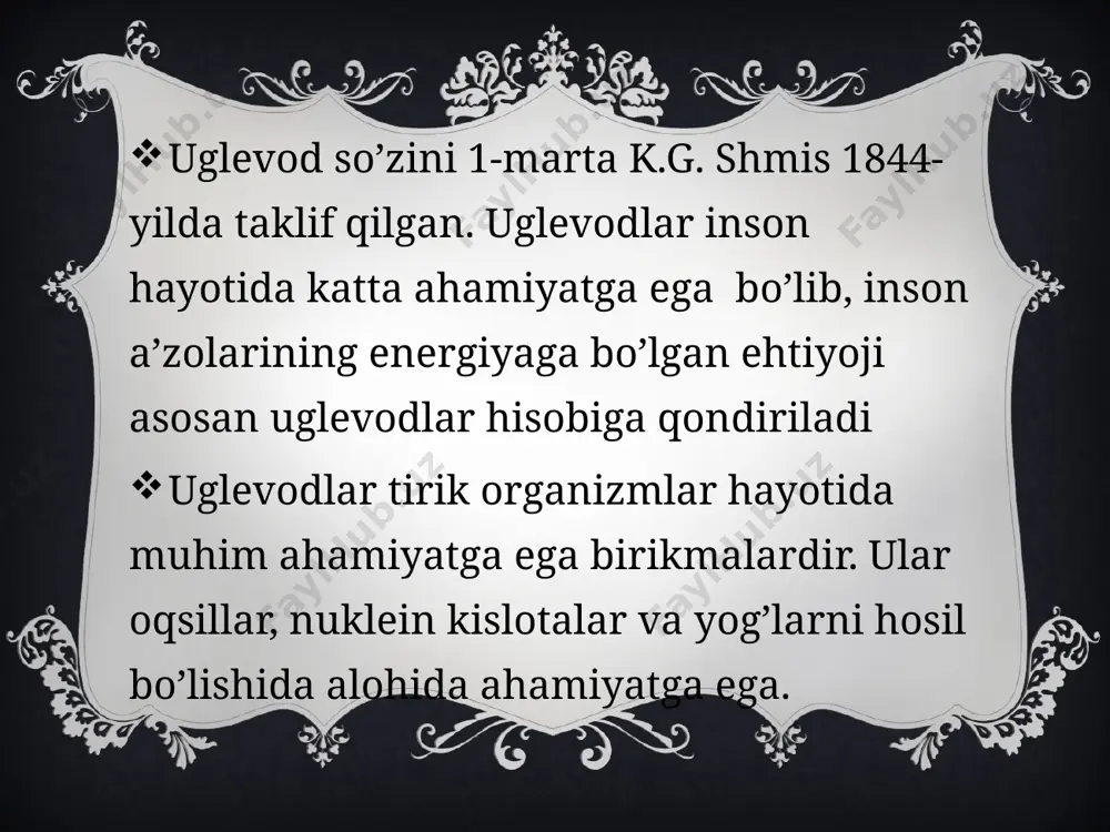 tatuvchi vosita sifatida ishlatiladi. d-glukuron kislota muhim biologik ahamiyatga ega. chunki ko’pchilik zaxarli moddalar organizmdan glukuronidlar holida siydik bilan chiqarib yuboriladi. masalan salisil kislotani olsak bo’ladi. tibbiyotda sof glyukoza eritma holida ba’zi kasalliklarda qonga yuborish uchun, shuningdek, tabletkalar ishlab chiqarishda ishlatiladi glukozamin va galaktozominlar aminoshakarlar turkumiga mansub, aminoshakarlar spirt gidroksili amino guruhga almashingan monozalar hosilalaridir. glukozamin qoldig’i xitin deb ataluvchi polisaxarid tarkibida, galoktazamin qoldig’i esa tog’ay tarkibiga kiruvchi polisaxaridlar tarkibida uchraydi. ular erkin hamda sirka kislota bilan birikkan holda hujayra pardasi va mukopolisaxaridlar tarkibiga kiradi. uglevod almashinuvining buzilishi natijasida galaktozemiya, fruktozuriya, pentozuriya qand kasalligi va boshqa kasalliklar yuzaga chiqadi. glikogenning to’p;anib qolshidan glikogenaza va uglevodlar aminining to’planishidan mukopolisaxaridoz kasalliklari paydo bo’ladi. galaktozemiya. bu kasallik organizmda galaktozo-1 fosfatni parchalovchi galoktaza-1-fosfoturidiltransferaza fermentining yetishmasligi tufayli yuzaga keladi. organizm galaktozani o’zlashtira olmaydi, shuning uchun u qonda va to’qimalarda to’planib, organizmga zaharli ta’sir ko’rsata boshlaydi. natijada jigarda o’zgarish paydobo’ladi; byurak ishi buzilishidan oqsillar siydikka o’tadi. …
