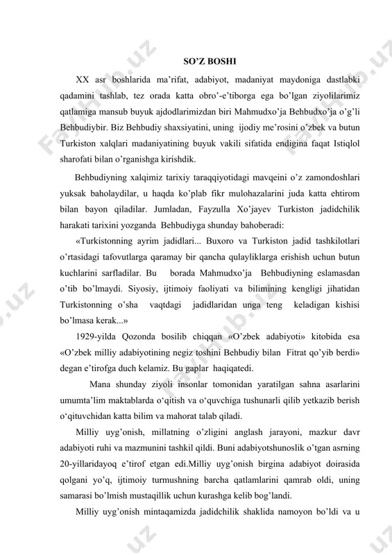 na, ko’cha va xiyobonqolmadi. hayriyat, 1991 yilda o’zbekiston mustaqillikka erishgach, bu adolatsizlik va haqsizlikka to’liq barham berildi. kechikib bo’lsa-da, behbudiyning pok nomi qaytadan tiklandi. uning ulug’ xizmatlari va asarlari yana munosib baholanadigan bo’ldi. jumladan, behbudiyning padarkush nomli dramasi qayta-qayta nashr etildi hamda maktab dasturlaridan mustahkam o’rin egalladi. darhaqiqat, behbudiyning ijod sohasidagi eng katta xizmatlari shundaki, u o’zbek adabiyotida birinchi bo’lib, milliy drama janriga asos soldi. padarkush nomli uch pardali, to’rt manzarali drama ana shundan dalolat beradi. bu sahna asarining yuzaga kelishi adabiyotimiz va san’atimiz tarixida o’sha vaqtda katta voqeabo’ldi. zotan, o’zbek milliy dramaturgiyasi va milliy teatri behbudiyning «padarkush» nomli birinchi o’zbek sahna asari bilan boshlandi. ma’rifatparvar adib, alloma va jamoat arbobi mahmudxo’ja behbudiy jadidchilik harakatining hamda xx asr o’zbek adabiyotining boshlovchilaridan biri hisoblanadi. u 1875-yili samarqand shahrida ruhoniy oilasida dunyoga keldi. uning otasi islom huquqshunosligi bo’yicha yirik mutaxassis bo’lib, bu borada ko’plab kitob va risolalar muallifi ediki, bu o’z navbatida …