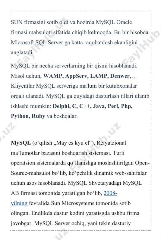 i. misol uchun, wamp, appserv, lamp, denwer,… kliyentlar mysql serveriga ma'lum bir kutubxonalar orqali ulanadi. mysql ga quyidagi dasturlash tillari ulanib ishlashi mumkin: delphi, c, c++, java, perl, php, python, ruby va boshqalar. mysql bu — krossplatformali dastur hisoblanadi, ya'ni bir xil tipga ega bo'lgan(ishlash texnologiyasi bir xil), lekin o'rnatiluvchi fayllari biroz boshqachadir. hozirda mysql oracle firmasi tomonidan ishlab chiqarilmoqda, oldin sun firmasiga tegishli bo'lgan. shuning uchun mysql 4 talqini mysql 5 talqinidan farq qiladi. hozirda(maqola yozilishida) eng so'ngi talqini 5.6.14 dir. keling enda,talqinlar nimani anglatishini bilib olamiz. har bir dastur, ma'lum bir sonlar asosida talqinlarga ajratiladi. dastur ismi o'zgarmaydi, faqat sonlar o'zgarib, dasturning yangi yoki eskiligini ajratib turadi. yangi yoki eskiligi, dasturning darajasini belgilaydi, ya'ni yangi dastur eskisiga qaraganda yangi qirralari mavjudligini anglatadi. mysql dasturi ham hamma dasturlar kabi o'z talqiniga ega(5.6.14). demak birinchi raqam asosiy raqam deyiladi. bizning holatda bu 5 raqami. bu raqam kamdan kam o'zgaradi, faqatgina …