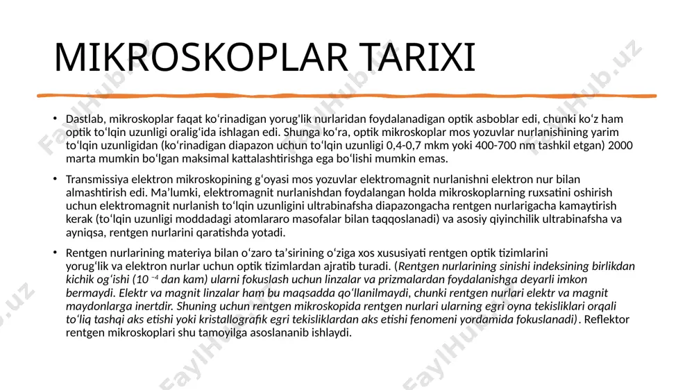rabinafsha, qutblovchi, interferension mikroskoplar; tekshirish obʼyektiga qarab, biologik, elektron, metallografik mikroskop va boshqa boʻladi. lyumi-nessent mikroskop boshqa mikroskoplardan ikkita (kondensor oldida va obyektivdan ke-yin qoʻyiladigan) yorugʻlik filtri mavjudligi bilan farqlanadi. bulardan tashqari, maxsus mikroskoplar ham mavjud, tez va sekin o'tadigan jarayonlarni kinolentaga tushiradigan mikroskop, jarroxlik mikroskopi, oziq-ovqat sifatini tekshiradigan mikroskop va boshqa fotografiya, tibbiyot, biologiya, fizika va kimyo sohalarida mikroskop koʻp ishlatiladi. mikroskopiya mikroskopiya (iss) (grekcha: μικρόςmikroskop — kichik, kichik va skapote — tushunaman) — mikroskop yordamida ob’ektlarni oʻrganish. u bir nechta turlarga boʻlinadi yaʼni: optik mikroskopiya, elektron mikroskopiya, multifoton mikroskopiya, rentgen mikroskopiyasi, rentgen lazer mikroskopiyasi va namunaning kattalashtirilgan tasvirlarini kuzatish va roʻyxatga olish uchun moʻljallangan turli xillardagi mikroskoplar mavjud. mikroskop turlari optik mikroskop elektron mikroskop rentgen mikroskop skanerli zond mikroskop optik mikroskop inson koʻzi — bu maʼlum bir aniqlik bilan tavsiflangan tabiiy optik tizim, yaʼni kuzatilayotgan ob’ektning elementlari orasidagi eng kichik masofa (nuqta yoki chiziqlar sifatida qabul qilinadi), bunda …
