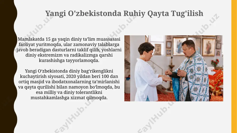 stremizmga qarshi kurash bo'yicha 15 ta dastur ishlab chiqish rejalashtirilgan. ijtimoiy hayotda dinning ta'siri ijtimoiy xayotda diniy tashkilotlar sonining 2022 yildan buyon 15% ga oshishi kuzatilmoqda, bu fuqarolarning diniy ehtiyojlarining o'sishini ko'rsatadi. diniy ekstremizmga qarshi kurash natijasida so'nggi 5 yilda huquqbuzarliklar soni 40% ga kamaygan, bu esa ijtimoiy barqarorlikka ijobiy ta'sir ko'rsatmoqda. o'zbekistonning jahon dinlari bilin munosabatlari mamlakatda diniy ta’lim muassasalarining soni oshmoqda, jumladan, islom, pravoslav va boshqa dinlarga oid 100 dan ortiq ta’lim maskani mavjud. oʻzbekistonda 20 dan ortiq diniy konfessiyalar rasman roʻyxatdan oʻtgan boʻlib, ularning faoliyati konstitutsiya va qonunlar bilan himoyalangan. ayollar rolining o'zgarishi 2022 yilda qabul qilingan qonunlar ayollarning siyosiy va ijtimoiy hayotdagi ishtirokini 30% ga oshirishga qaratilgan bo'lib, ularning vakilligini ta'minlash uchun kvotalar va qo'llab-quvvatlash dasturlari joriy etilgan. o'zbekistondagi ayollar bandligining 2010 yildan 2023 yilgacha 15% ga oshishi, asosan xususiy sektor va yuqori malakali kasblarda kuzatilgan, bu ularning iqtisodiy mustaqilligini oshirishda muhim rol o'ynamoqda. madaniy merosning …