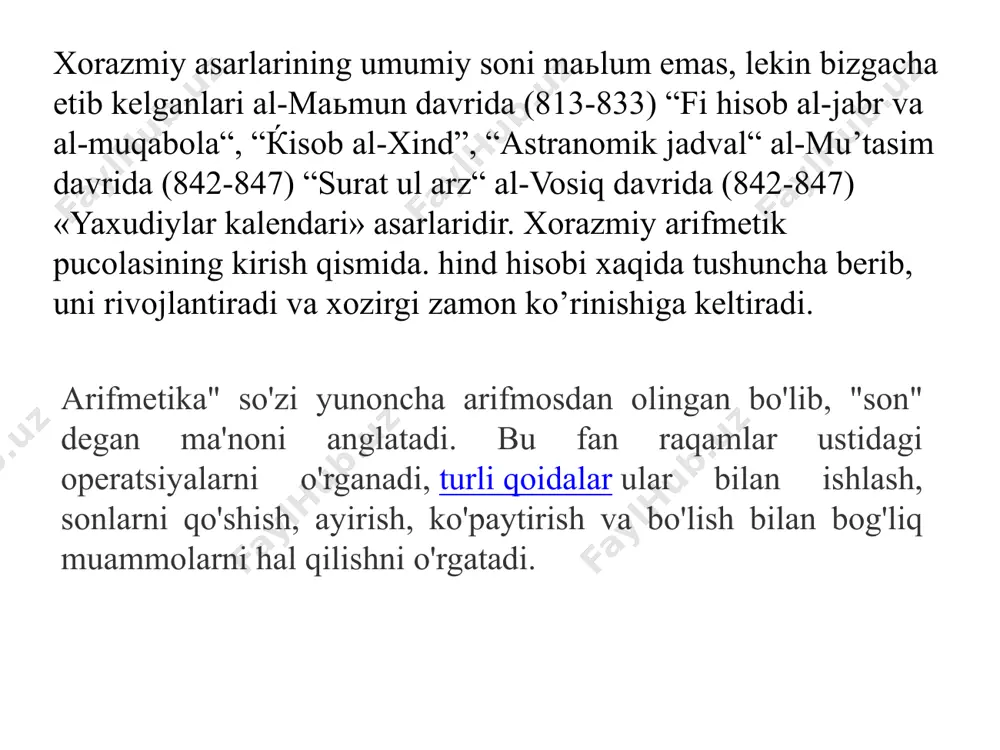 lanadi.amallarni to’g’riligini tekshiruvchi vosita sifatida (mezon) to’qqiz bilan tekshirish usulini kvadrat va kubga ko’tarishga tatbiq etadi. nisbatlar va sonli va geometrik miqdorli progressiyalarni evkliddan farqli o’laroq bir-bir bilan uzviy bog’langan holda qaraydi. u ikkison nisbatini kasr son bilan almashtiradi bunday yollanish kelgusida umar hayyom va nasriddin tusiylar tomonidan rivojlantirilib son tushunchasini musbat haqiqiy sonlargacha kengaytirish imkonini beradi. “shifo kitob” asarining geometriyaga bag’ishlangan qismida planimetriya va stereometriyaga tegishli mavzularni 74 ta’rif, 7 postulat, 5 aksioma va 255 teorema orqali bayon etadi. xarakat tushunchasini keng qo’llashi natijasida ba’zi teoremalarni evklidga nisbatan qisqa va soddaroq usulda isbotlaydi. 1.matematik tasavvurlarni shakllantirish metodikasi nazariyasining tarixini izohlang? 2.matematik tasavvurlarni shakllantirish metodikasi nazariyasining tarixi,hozirgi holati nimalardan iborat? savol va topshiriqlar image1.png image2.png image3.png image4.png image5.png