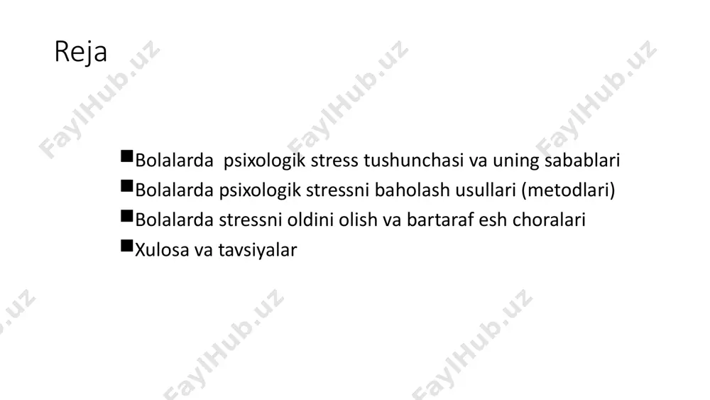 ess holatini turli nuqtai nazardan baholash imkonini beradi. bu so'rovnomalar bolaning oilaviy va shaxsiy hayotini tahlil qilishga yordam beradi. so'rovnoma natijalarini tahlil qilish so'rovnoma natijalarini tahlil qilish va xulosa chiqarish orqali bolaning stress darajasini aniqlash mumkin. misol uchun, "revised children’s manifest anxiety scale (rcmas)" so'rovnomasi bolalardagi xavotirlikni baholash uchun ishlatiladi. 8 bolalardagi stressni baholash metodlari: intervyu individual intervyu bolalar bilan individual intervyu o'tkazish texnikasi stressni aniqlashning muhim usuli hisoblanadi. intervyu davomida bolaning his-tuyg'ulari va kechinmalari haqida ma'lumot olish mumkin. ota-onalar va tarbiyachilar bilan intervyu ota-onalar va tarbiyachi bilan intervyu o'tkazish orqali bolaning stress holati haqida qo'shimcha ma'lumot olish mumkin. ularning fikri bolaning ahvolini to'liqroq tushunishga yordam beradi. ma'lumotlarni qayta ishlash intervyu davomida olingan ma'lumotlarni qayta ishlash va tahlil qilish orqali bolaning stress sabablarini aniqlash mumkin. savol berishda bolaning yoshini hisobga olish muhim. intervyu davomida bolaning yoshiga mos savollar berish va uning javoblarini diqqat bilan tinglash muhim. bolaning his-tuyg'ularini tushunish va …