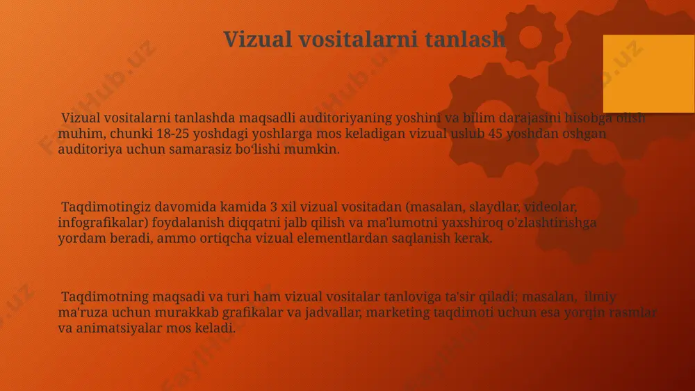 i – kirish, asosiy qism va xulosani – aniq ajratish va har bir qismga 5-7 daqiqa vaqt ajratish maqsadga muvofiqdir. bunday yondashuv vaqtni samarali boshqarishga yordam beradi. taqdimotdan keyingi tahlil taqdimotdan so'ng o'tkazilgan so'rovnomalar natijalari, 3 ta asosiy fikr atrofida jamlangan bo'lib, taqdimotning samaradorligini o'lchash va kelgusidagi taqdimotlarni yaxshilash uchun muhim kpi (kalit ko'rsatkichlar) ni aniqlashga yordam beradi. tahlil jarayonida olingan 100 ta javobni statistik tahlil qilish, taqdimotning kuchli va kuchsiz tomonlarini aniqlashda, 20% xatolik chegarasi bilan, samarali natijalarga olib keladi. taqdimotdan keyingi tahlil natijalari, 5 ball shkalasi bo'yicha baholash orqali, auditoriyaning 85% qiziqishini aniqlashga yordam beradi va takomillashtirish uchun muhim ma'lumotlarni taqdim etadi. repetisiya va mashq qilish taqdimotning har bir qismini 5-7 marta takrorlash, xatoliklarni aniqlash va ularni tuzatish imkonini beradi, natijada taqdimotning sifatini 15% ga yaxshilaydi. mashq qilish vaqtida, har bir slayd uchun o'rtacha 2 daqiqa ajratish, vaqtni samarali boshqarish ko'nikmalarini rivojlantiradi va vaqt cheklovlaridan qochishga yordam beradi. …