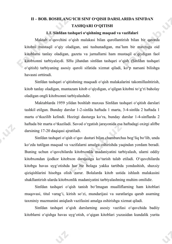 ish qiziqarli va o‘ziga jalb etadigan faoliyat bo‘lib, bolalam ing bilim doirasini boyitadi, qiyoslash uchun material beradi. sinfda o‘qish — hayotga tayyorlash vositasi, sinfdan tashqari o‘qish esa hayotning o‘zidir. hozirgi paytda boshlang‘ich sinf o‘quvchilari uchun sinfdan tashqari o‘qishga mo‘ljallangan “kitobim-oftobim” nomli qo‘llanmalar ham chop etilgan. sinfdan tashqari o‘qitish darslari o‘quvchilarda mustaqil kitob tanlash va o‘qish malakalarini shakllantiradi. mustaqil o‘qish malakasini shakllantirish 3-bosqichga bo‘linadi: 1. tayyorlov bosqichi. bu 1-sinfning savod o‘rgatish davriga to‘g‘ri keladi. unga darsning bir qismi − 17-20 daqiqasi ajratilgani uchun “sinfdan tashqari o‘qitish ma’lumoti” deb yuritiladi. 2. boshlang‘ich bosqich. bu 1-sinfning 2-yarim yilligiga to‘g‘ri keladi. bu bosqichda haftada 1 marta 45 daqiqalik dars uyushtiriladi. 3. asosiy bosqich. bu bosqich 2-4-sinflarga to‘g‘ri keladi. bu davrda o‘quvchilarning o‘qish malakalarni mustahkamlanadi. bunda o‘quvchilarning sinfdan tashqari o‘qiganlari baholanadi. sinfdan tashqari o‘qitish bosqichlari, dastur talablari, tarbiyaviy vazifalari o‘quvchilarning qiziqishlari bilan belgilanadi. masalan, tayyorlov bosqichida kichik hajmdagi asarni o‘qituvchi o‘qib bersa, o‘qilganlar yuzasidan suhbat, …