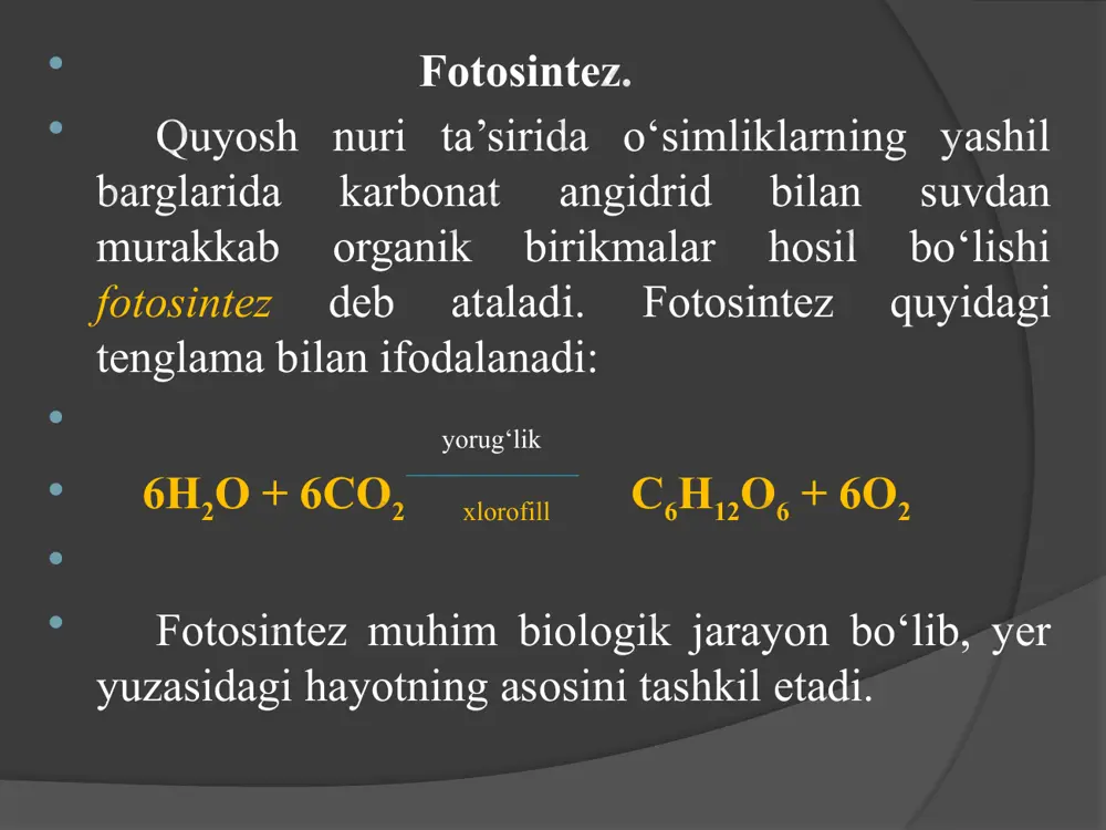 iyalarda muhim ahamiyatga ega. shuning uchun arnon nadf.h2 bilan atfni o‘zlashtiruvchi omil (assimilyasion omil) deb atagan. yorug‘da boradigan fotosintez reaksiyalarida nadf.h2 va atf hosil bo‘lishi bilan bir vaqtda molekulyar kislorod ham ajralib chiqadi. xill reaksiyasi. 1937 yili r.xill ajratib olingan xloroplastlarda elektronlarning ma’lum akseptorlari ishtirokida kislorod ajralib chiqishini tajribada aniqlangan. u elektronlarning akseptori sifatida temirning kompleks tuzlaridan foydalangan. bu reaksiyada uch valentli temir qaytarilib, ikki valentli temirga aylanadi. yorug‘liq 2h2o + 4fe+++ xloroplast 4fe++ +o2 + 2h2+ bu reaksiya xill reaksiyasi yoki xloroplastlar reaksiyasi deyiladi. xill o‘z tajribalarida co2 dan oksidlovchi kofaktor sifatida foydalana olmagan va bu reaksiyada co2 ishtirok etmaydi, degan xulosa kelgan. 1956 yilda arnon nishonlangan atomlaridan foydalanib, xloroplastlarda co2 o‘zlashtiradigan maxsus fermentativ apparat mavjudligini hosil bo‘lgan mahsulotlarga qarab aniqlagan. bu reaksiyalarda u bir qator kofaktorlardan foydalanib, uning qaytarilishi xloroplastlardagi maxsus ferment – fotosintetik nikotinamiddikleotidreduktazaning (nadf) ishtirok etishini aniqladi: yorug‘lik nadf+ + h2o xloroplast nadf.h2 + ½o2 shunday …
