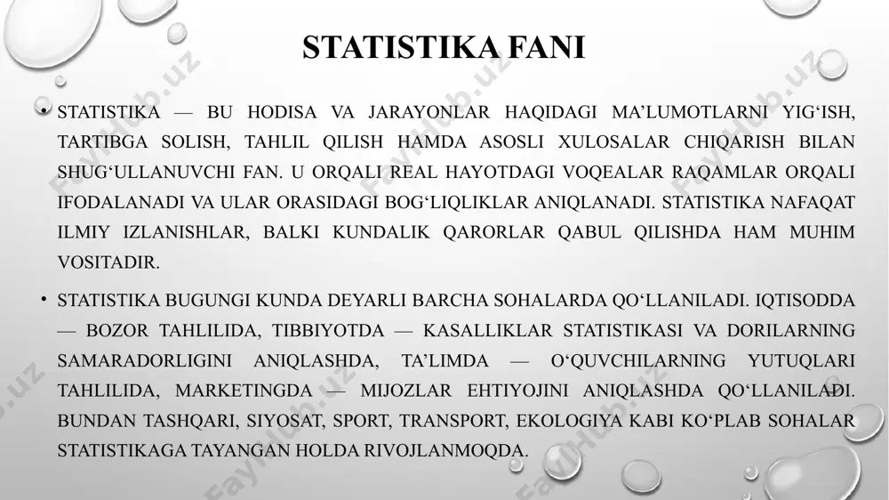 a kelajakdagi tendensiyalarni bashorat qilishga xizmat qiladi. statistikaning asosiy vazifalari esa quyidagilardan iborat: mavjud ma’lumotlarni tizimli tarzda yig‘ish, ularni tozalash va qayta ishlash, tahliliy usullar orqali ularni chuqur o‘rganish hamda umumiylashtirilgan, ishonchli xulosalar shakllantirish. aynan shu vazifalar orqali statistika har bir sohada muhim ilmiy va amaliy vosita sifatida namoyon bo‘ladi. statistikaning asosiy tushunchalari statistika fanining mohiyatini anglash uchun uning asosiy tushunchalarini bilish muhimdir. ulardan biri — statistika birliklari, ya’ni o‘rganilayotgan hodisani ifodalovchi yakka ob’ektlardir. bu biror inson, tashkilot, korxona yoki mahsulot bo‘lishi mumkin. har bir birlikda o‘ziga xos belgilar yoki xususiyatlar mavjud. masalan, inson uchun bu — yoshi, jinsi, daromadi bo‘lishi mumkin. ana shu belgilar statistik tahlilning negizini tashkil etadi. tadqiqotlar odatda to‘plam — ya’ni barcha statistik birliklar majmuasi asosida olib boriladi. biroq, ko‘pincha butun populyatsiyani o‘rganish imkoniyati bo‘lmagan holatlarda tanlanma — ya’ni ushbu to‘plamdan tanlab olingan bir qismi asosida tahlil qilinadi. agar tanlanma to‘g‘ri tuzilsa, undan olingan xulosalar butun …