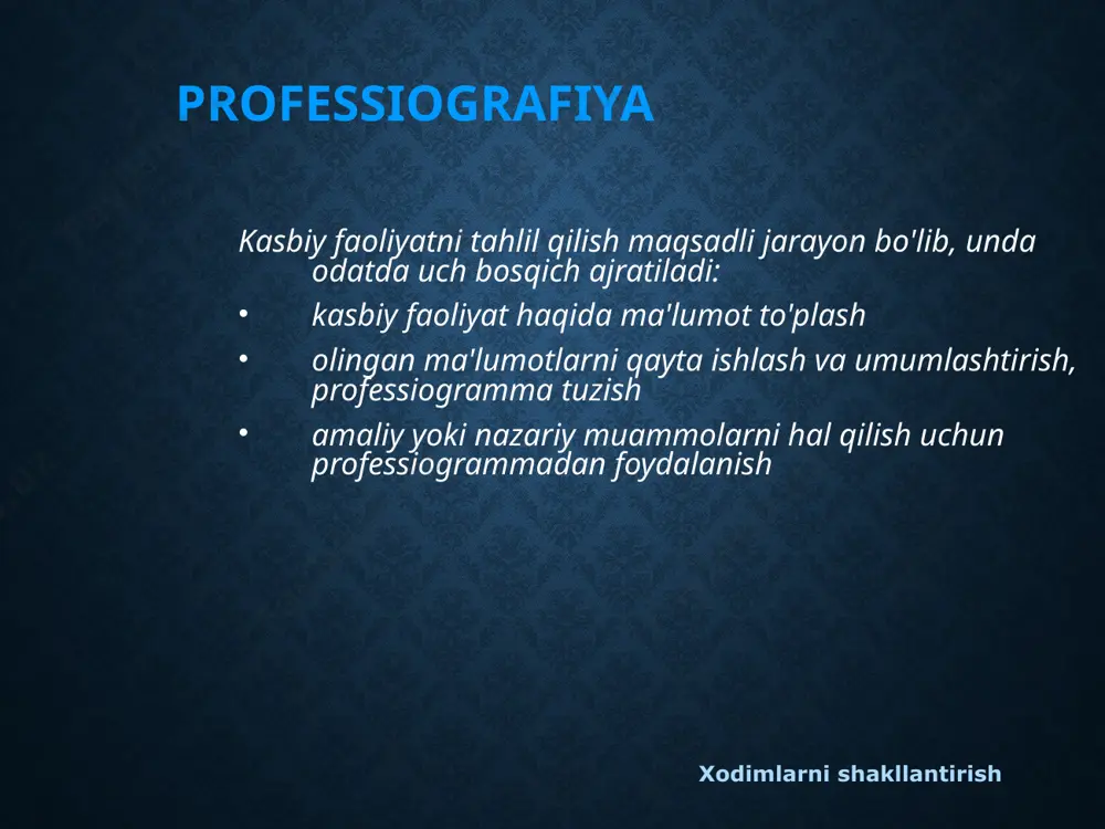idan-to'g'ri faoliyat elementlarining ichki fiksatsiyasi asosida ushbu elementlarning har biri va ularning ketma-ketligi haqida o'z-o'zidan hisobot taqdim etiladi. xodimlarni shakllantirish professiografiya usullari eksperimental usul - odatda faoliyatning faqat ishlab chiqarish jarayonining tabiiy yo'nalishini analitik kuzatish asosida aniqlash mumkin bo'lmagan tomonlarini o'rganish uchun ishlatiladi. tajriba tabiiy (tabiiy sharoitda) yoki laboratoriya (laboratoriya sharoitida o'tkazilganda) bo'lishi mumkin. u ko'pincha ishchi gipotezalarni yoki ilgari tuzilgan psixogrammalarni sinovdan o'tkazish bosqichlarida qo'llaniladi. xodimlarni shakllantirish professiografiya usullari kritik vaziyatlarni tahlil qilish usuli - qiyin sharoitlarda va tanqidiy vaziyatlarda insonning xatti-harakati haqida ma'lumot to'plashga asoslangan qoida tariqasida, uning sifati va jarayondagi xatolarga ta'sir qiluvchi mehnat omillarini aniqlash uchun foydalaniladi. xodimlarni shakllantirish professiografiya usullari algoritmik usul - mehnat harakatlarining aniq belgilangan ketma-ketligi bo'lib, u muqarrar ravishda ma'lum bir sinf muammolarini hal qilishga olib keladi. bu mutaxassis tomonidan bajariladigan operatsiyalarning mohiyatini doimiy ravishda kuzatib borish va baxtsiz hodisalar va xatolar tez-tez sodir bo'ladigan jarayon aloqalarini o'rnatish imkonini beradi. xodimlarni shakllantirish …