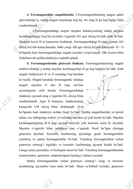 ynan shu sababli maydon kuchlanganligi ortishi bilan magnitlanish juda tez ortadi. domenlar o’z – o’zidan maydon bo’ylab joylashib qolishi mumkin. diamagnetiklardan va paramagnetiklarda farqli ravishda feromagnetiklarning magnit sindiruvchanligi tashqi maydon kuchlanganligiga bog’liqdir. ferromagnetiklarning magnit kirituvchanligi ancha katta bo’ladi. masalan, temir uchun μ= 5000, supermalloy qotishmasi uchun μ=800000 va hokazo. ferromagnetiklar hodisasi birinchi bo’lib temirda o’rganilgan. ferromagnetizm atamasining kelib chiqishi ham shundan. adabiyotlar: 1. i.v.savelyev. "umumiy fizika kursi." i-qism. toshkent: o’qituvchi,1973 y. 2. i.v.savelyev. "umumiy fizika kursi." ii-qism. toshkent: o’qituvchi,1973 y. 3. i.v.savelyev. "umumiy fizika kursi." iii-qism. toshkent: o’qituvchi,1973 y. 4. s.x. astanov, m.z. sharipov, n.n. dalmuradova, m.sh.ivayev "fizik kattaliklar va ularning o'lchov biriliklari" elektron o'qitish kursi ehm uchun yaratilgan dastur. o'zbekiston respublikasi davlat patent idorasi guvohnoma № dgu 00975 toshkent, 12 iyul 2005 y. 5. a.g.g’aniev, a.k.avliyoqulov, g.a.almardonova “fizika” i qism toshkent 2007 y. 6. s.x.astanov, m.z.sharipov, n.n.dalmuradova, r.v.metanidze “umumiy fizika kursining elektr bo’limidan” elektron darslik. _1267868956.unknown _1329894658.unknown _1329897842.unknown _1267880286.unknown …