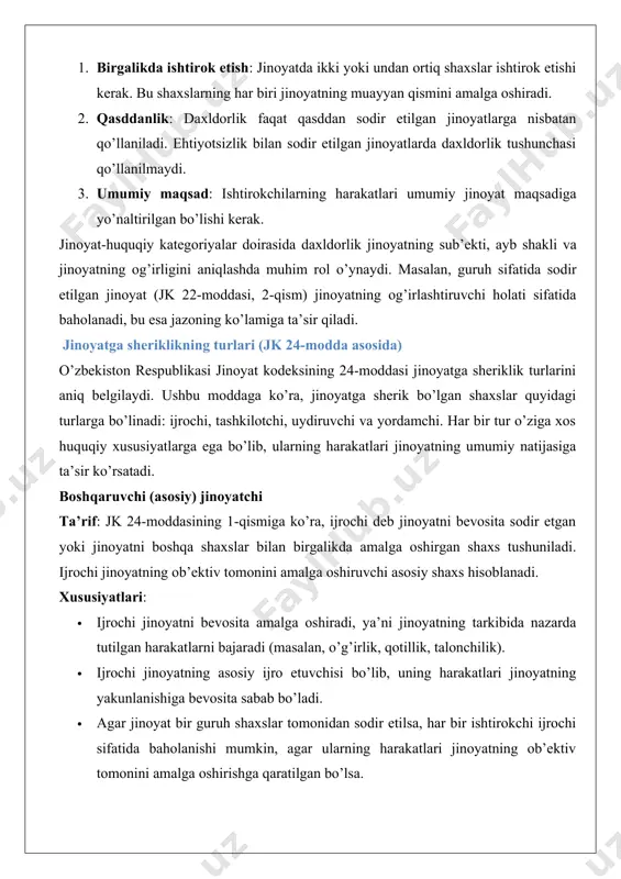 hirgan shaxs tushuniladi. ijrochi jinoyatning ob’ektiv tomonini amalga oshiruvchi asosiy shaxs hisoblanadi. xususiyatlari: · ijrochi jinoyatni bevosita amalga oshiradi, ya’ni jinoyatning tarkibida nazarda tutilgan harakatlarni bajaradi (masalan, o’g’irlik, qotillik, talonchilik). · ijrochi jinoyatning asosiy ijro etuvchisi bo’lib, uning harakatlari jinoyatning yakunlanishiga bevosita sabab bo’ladi. · agar jinoyat bir guruh shaxslar tomonidan sodir etilsa, har bir ishtirokchi ijrochi sifatida baholanishi mumkin, agar ularning harakatlari jinoyatning ob’ektiv tomonini amalga oshirishga qaratilgan bo’lsa. amaliy misol: a va b shaxslar birgalikda c shaxsning uyiga bostirib kirib, uning mol-mulkini o’g’irlashadi. bu holatda a va b ikkalasi ham ijrochi sifatida baholanadi, chunki ular jinoyatni bevosita amalga oshirishgan. jkning 164-moddasi (o’g’rilik) asosida ularning harakatlari kvalifikatsiya qilinadi. tahlil: ijrochining harakatlari jinoyatning eng muhim qismi hisoblanadi, chunki uning harakatlari jinoyatning yakunlanishiga olib keladi. agar ijrochi bo’lmasa, jinoyatning ob’ektiv tomoni amalga oshirilmaydi. shu sababli, ijrochi jinoyatda eng yuqori darajada javobgarlikka tortiladi. tashkilotchi (xufyona) sherik ta’rif: jk 24-moddasining 2-qismiga ko’ra, tashkilotchi …