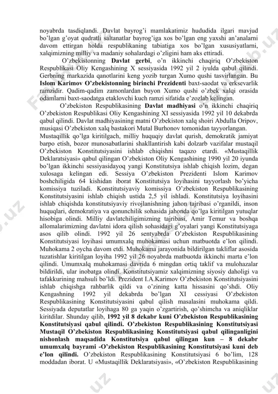 04 yil boshlariga kelib aholi soni 25 mln.dan ortdi. o’zbekiston respublikasi oliy kengashining 1991 yil noyabrida bo’lgan viii sessiyasi davlat mustaqilligi masalasi bo’yicha referendum o’tkazish xaqidagi masalani ko’rib chiqdi. oliy kengashning mazkur sessiyasida 1991 yil 29 dekabr, yakshanba kuni o’zbekiston respublikasining davlat mustaqilligi to’g’risida referendum hamda o’zbekiston respublikasi prezidenti saylovini o’tkazish to’g’risida qarorlar qabul qilindi. referendumda ovoz berish byulleteniga masala quyidagi ta’rifda kiritildi: «o’zbekiston respublikasi oliy kengashi tomonidan e’lon qilingan o’zbekiston respublikasining davlat mustaqilligini ma’qullaysizmi?». shuningdek, «o’zbekiston respublikasi prezidenti saylovi to’g’risida» qonun qabul qilindi. mustaqillik to’g’risida referendum 1991 yil 29 dekabr kuni umumxalq referendumi bo’lib o’tdi. referendumda 9.898707 kishi yoki saylov ro’yxatiga kiritilganlarning 94,1 foizi qatnashdi. ovoz berishda qatnashganlarning 98,2 foizi o’zbekiston respublikasi mustaqilligini ma’qullaymiz, deb ovoz berdi. o’zbekiston davlat mustaqilligining e’lon qilinishi, uning butun tarixiy taraqqiyoti natajalaridan kelib chiqadigan ob’ektiv va qonuniy hodisadir. respublika xalqi va rahbariyatining donishmandligi, sabotli va qat’iyatliligi, uzoqni ko’ra bilishi natijasida uning davlat mustaqilligiga erishuvi …