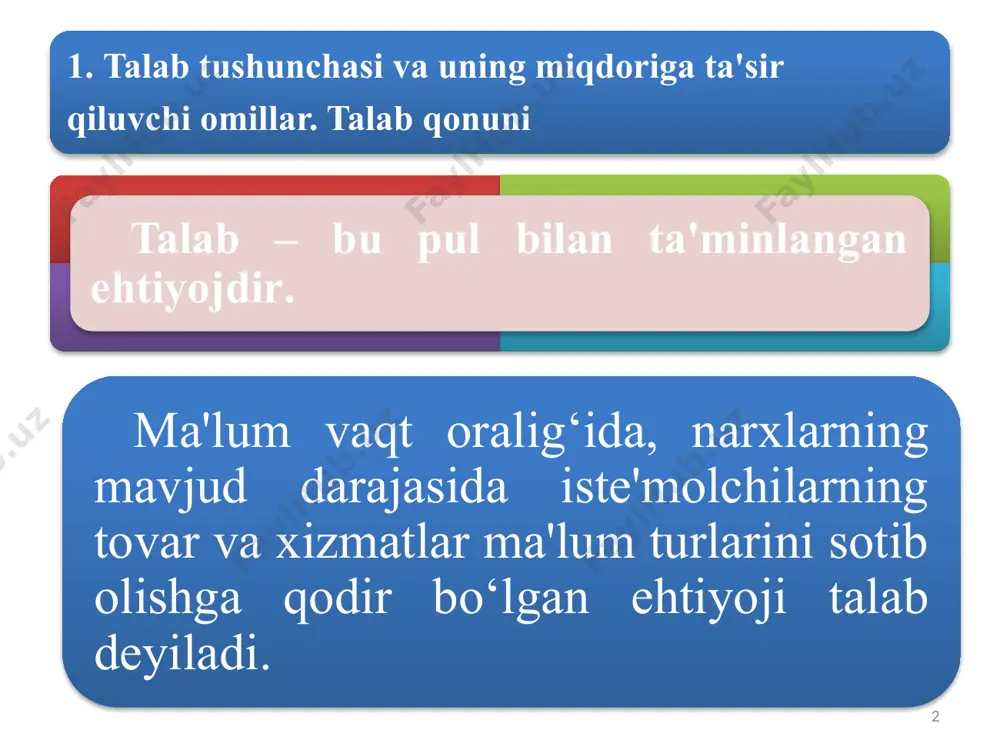 k talab qonuni deyiladi. real iqtisodiy hayotda ba'zan bu qoidaga zid bo‘lgan, ya'ni ayrim tovar narxining o‘sishi bilan unga bo‘lgan talab miqdorining yanada ortishi holati ham uchraydi. bu holat giffen samarasi deb ataladi. talabga ta'sir etuvchi omillar 7 narxga bog‘liq omillar: muayyan tovarning narxi bir-birini to‘ldiruvchi tovarlarning narxi o‘rinbosar tovarlarning narxi kelajakda narxlarning o‘zgarishi ehtimoli narxga bog‘liq bo‘lmagan omillar: iste'molchining didi bozordagi iste'molchilar soni iste'molchining daromadlari kelajakda daromadlarning o‘zgarishi ehtimoli. dаrоmаd, ming so`m 10 20 50 60 30 40 70 80 90 100 0 1 2 3 4 5 6 7 8 тоvаr miqdоri, dоnа 8 engel' egri chizig‘i iste'molchilar daromadi va ular tomonidan sotib olinadigan tovarlar miqdori o‘rtasidagi bog‘liqlik nemis iqtisodchisi va statisti ernst engel' (1821-1896) tomonidan chuqur tadqiq etilgan. shunga ko‘ra, iste'molchi daromadi bilan u tomonidan sotib olinishi mumkin bo‘lgan tovarlar miqdori o‘rtasidagi o‘zaro bog‘liqlik engel' qonuni deyiladi. 9 2. taklif tushunchasi. taklif miqdoriga ta'sir qiluvchi omillar. taklif …