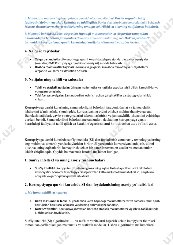 sh. 2. baholash mezonlari a. korrupsiya darajasi.indekslar va reytinglar: transparency international tomonidan e'lon qilinadigan korrupsiya hissi indeksi (cpi) va boshqa xalqaro reytinglar va jazolar soni. b. davlat organlarining shaffofligi.hisobot berish tizimi: davlat organlarining hisobot berish va jamoatchilikka ma'lumot taqdim etish darajasi.tender va xaridlar: ochiq tenderlar va davlat xaridlaridagi shaffoflik darajasi. c. fuqarolar ishtiroki.jamoatchilik nazorati: fuqarolar va nodavlat tashkilotlarining korrupsiyaga qarshi kurash jarayonlaridagi ishtiroki.fikr-mulohaza: fuqarolar fikri va shikoyatlari orqali korrupsiyaga qarshi kurash samaradorligini baholash. 3. monitoring va tahlil mexanizmlari a. muntazam monitoringko.rrupsiyaga qarshi faoliyat monitoringi: davlat organlarining faoliyatini doimiy ravishda kuzatish va tahlil qilish.davlat dasturlarining samaradorligini baholash: maxsus dasturlar va chora-tadbirlarning amalga oshirilishi va ularning natijalarini baholash. b. mustaqil baholash.tashqi ekspertlar: mustaqil mutaxassislar va ekspertlar tomonidan o‘tkaziladigan baholash jarayonlari.ommaviy axborot vositalarining roli: oav va jurnalistlar tomonidan korrupsiyaga qarshi kurashdagi natijalarni kuzatish va xabar berish. 4. xalqaro tajribalar · xalqaro standartlar: korrupsiyaga qarshi kurashda xalqaro standartlar va konvensiyalar (masalan, bmt korrupsiyaga qarshi …