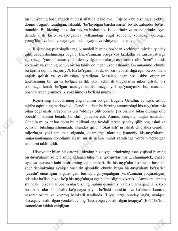 issiyotga yo'naltirilgan terapiya" (eft) bo'limi tomonidan ishlab chiqilgan. bu erda biz boshdan kechirish va his-tuyg'ularga e'tibor qaratish mijozlarning o'z-o'zini tuzatish va o'z-o'zini davolash qobiliyatiga bo'lgan ishonchdan kelib chiqishini ko'rishimiz mumkin: agar biz mijozlarga haqiqiy, asosiy his-tuyg'ulari bilan bog'lanishga yordam bersak, keyin ular o'z muammolarini hal qilish yo'llarini topishlari mumkin. ammo bu erda savol tug'iladi: mijozlar qanchalik o'z tajribalari va his-tuyg'ulari bilan bog'lanishlari va hayotlarini yaxshilash uchun ulardan foydalanishlari mumkin? bu oqim yo'llarini ajratishni boshlashi mumkin. mijoz-mutaxassis pozitsiyasidan mijozlar eng yaxshi narsani bilishadi: biz ularga o'z tajribalari va his-tuyg'ulari bilan bog'lanishiga yordam berish uchun hech narsa qilishimiz shart emas. ammo eksperimental va hissiyotga yo'naltirilgan yondashuvga ega bo'lganlar, aslida, mijozlar ba'zan o'zlarining asosiy his-tuyg'ulari bilan bog'lanishda biroz yordam berishlari mumkin va shuning uchun terapevtlarning texnikasi va tajribasi uchun joy bo'lishi mumkinligiga ishonishadi. bu mijoz aytgan so'zlarning mazmunini yo'naltirish haqida emas; lekin bu ko'proq "jarayonni yo'naltiruvchi" pozitsiyani qabul qilish haqida: mijozlarga o'zlarining chuqur …