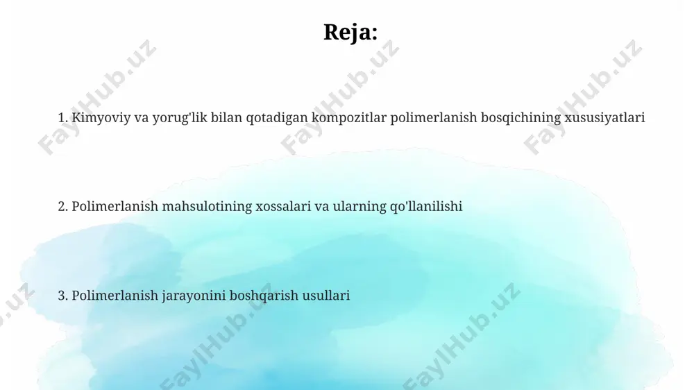 lig'ida bo'lishi mumkin. monomerlar past molekulyar og'irlikka ega bo'lib, polimerizatsiya jarayonida uzun zanjirli polimerlarni hosil qilish uchun bir-biri bilan bog'lanadi, bu esa kompozitning mexanik xossalarini aniqlaydi. masalan, bis-gma va tegdma monomerlari keng qo'llaniladi. monomer va oligomerlarning nisbati kompozitning oxirgi qattiqlashuv darajasi, siqish kuchi va polimerizatsiya qisqarishini aniqlaydi. masalan, oligomerlarning yuqori konsentratsiyasi qisqarishni kamaytirishi mumkin. polimerlanish jarayonining kinetikasi to'liq konversiyaga erishish uchun zarur bo'lgan vaqt, reaksiya tezligi konstantasi (k) va monomerning boshlang'ich konsentratsiyasi (m₀) ga bog'liq bo'lib, km₀ ≈ 0.693 ga teng bo'lganda yarim reaksiya vaqtiga teng. fotopolimerlanishda yorug'lik intensivligi (i) reaksiya tezligiga to'g'ridan-to'g'ri ta'sir qiladi va i ning 0,5 darajasi bilan proporsional bo'lgan reaksiya tezligi kuzatiladi, bu esa ikki fotonli jarayonlarning mavjudligini bildiradi. polimerlanish jarayonining kinetikasi reaksiya tezligini aniqlovchi omillar, masalan, monomer konsentratsiyasi, initiator miqdori va haroratga bog'liq bo'lib, reaksiya tartibi odatda 1-2 oralig'ida o'zgaradi. polimerlanish bosqichining yorug'lik ta'siridagi jihatlari 400-500 nm to'lqin uzunligidagi ko'k nurli led lar, akrilat monomerlarini …