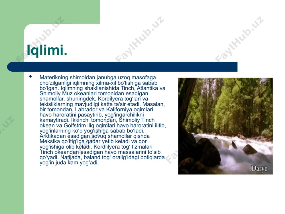 umkin. subekvatorial iqlim mintaqasi materikning eng janubiy tor qismida uchraydi. bu yerda o‘rtacha yillik harorat yuqori (+25°c) va namgarchilik ko‘p (1500-2000 mm). tinch okeandan esadigan ekvatorial mussonlarning ta'sirida tog‘larning g‘arbiy yonbag‘riga ko‘p yog‘in yog‘adi. yer usti suvlari uchta okean havzalariga va qisman berk havzaga bo‘linadi. asosiy daryo va ko‘llari atlantika, shimoliy muz okeani va qisman tinch okean havzasiga tegishli. materikning eng yirik daryosi missisipi (hindular tilida «katta daryo»)dir. bu daryo qoyali tog‘lardan, markaziy va buyuk tekisliklardan hamda appalachi tog‘idan boshlanadi. missisipi daryosining o‘rta qismida o‘zidan uzun bo‘lgan missuri («loyqa daryo») irmog‘i kelib quyiladi. missurining deltasi har yili meksika qo‘ltig‘i tomon 100 m o‘sib boradi. daryo qor-yomg‘ir suvidan to‘yinadi. avliyo lavrentiy daryosi quyi oqimida uzun va keng estuariy (lot. daryoning suv bosgan quyi qismi) hosil qiladi. kordilyera tog‘laridan boshlanib, meksika qo‘ltig‘iga quyiladigan rio-grande daryosi bor. materik ko‘llari, asosan, muz hosil qilgan chuqurliklarda paydo bo‘lgan. beshta ko‘l, ya'ni yuqori, guron, michigan, eri, …