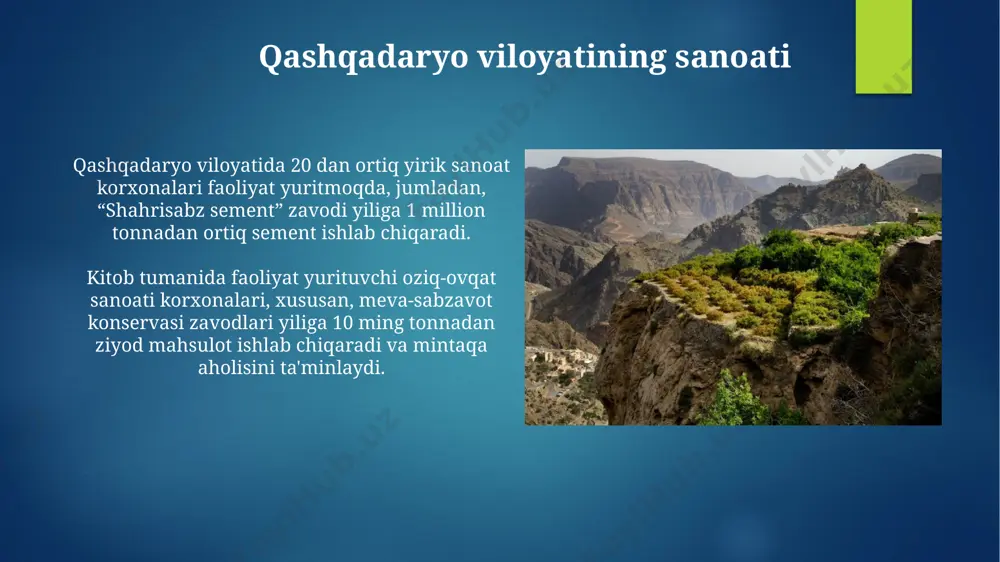 ача меъморий услуби билан ажралиб турган кўплаб иншоотлар қурилган. qashqadaryo viloyatining sog'liqni saqlash tizimi kitob tumanida joylashgan onkologik dispanser viloyatning janubiy hududlaridagi 300 mingdan ortiq aholi uchun onkologik yordamni ta'minlaydi. qarshi shahridagi viloyat markaziy shifoxonasi yuqori texnologiyalar bilan jihozlangan bo'lib, yiliga 5000 dan ortiq murakkab jarrohlik amaliyotlarini o'tkazadi. qashqadaryo viloyatining iqtisodiyoti shahrisabz tumanida joylashgan "qarshi sement" zavodi viloyat iqtisodiyotining muhim tarkibiy qismidir va yiliga 1 million tonnadan ortiq sement ishlab chiqaradi. kitob tumanidagi oltin konlari viloyatning minerallar va metallurgiya sohasidagi salohiyatini namoyon etadi, bu soha 2023-yilga kelib yalpi ichki mahsulotning 5% dan ko'prog'ini tashkil etdi. qashqadaryo viloyatining geografik joylashuvi qashqadaryo viloyati janubiy o'zbekistonda, taxminan 28 ming kvadrat kilometr maydonni egallaydi, shimolda samarqand, sharqda surxondaryo, g'arbda buxoro va janubda afg'oniston bilan chegaradosh. qashqadaryo viloyati balandligi 300 dan 1500 metrgacha o'zgarib turadigan, tog'li va tekislikli relyefga ega bo'lib, kattaqo'rg'on shahriga yaqin hududlarda o'rtacha balandlik 350 metrni tashkil qiladi. e'tiboringiz uchun rahmat @taqdimot_robot …