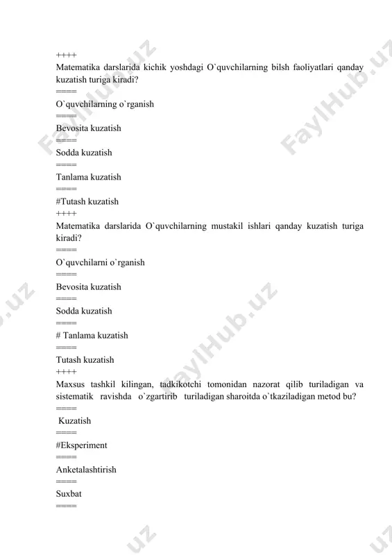 iga oladi? ==== son,raqam,chizmalar,amallar ==== tenglamalar,tengsizliklar,misol va masalalar ==== # arifmetika,algebra va geometriya elementlari ==== unlik,yuzlik,minglik,kup xonali sonlar ==== natural sonlar,kasrlar,arifmetik amallar ++++ o`quv materiallari dasturda qay tarzda joylashishi mumkin? ==== turli tarzda ==== 3 turli kurinishda ==== kvadratik va konsentrik ==== sodda va murakkab ==== # chizikli yoki konsentrik ++++ boshlangich sinf matematika dasturida qaysi konsentrlarni o`rganish ko`zda tutilgan? ==== o`n,yuz,ming,milionlar ==== birlar,unlar,yuzlar ==== o`n ming,yuz ming,milion ==== o`nlar,yuzlar,minglar,ko`p sonlar ==== # o`nlik,yuzlik,minglik,ko`p xonali sonlar ++++ natural sonlar,nol,to`rt arifmetik amal,ulushlar,ismli sonlar va ular ustida amallar-bular? ==== 1-4 sinf materiallari ==== asosiy matematik tushunchalar ==== arifmetik amallar ==== o`zaro boglik tushunchalar ==== # arifmetikaning elementar ma’lumotlari uyushmasi ++++ arifmetik amallarning muxim xossalari va ulardan kelib chiqadigan natijalar bilan tanishish asosida qanday bilimlarni o`zlashtirish imkoni vujudga keladi? ==== ko`nikma va malakalar ==== tasavvurlar ==== konkret ==== # xisoblash usullari ==== masala va misollar yechish ++++ xisoblash usullari qanday turlarga ega? ==== …