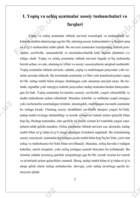n, bu tizimlarning ishlash me'zoni yanada rivojlanib, ularning moslashuvchanligi va ishonchliligi oshadi. ii. amaliy qo’llash uchun tizimlarning ishlash tamoyillari yopiq va ochiq uzatmalar ishlash me'zoni texnologik va muhandislik sohalarida muhim ahamiyatga ega bo‘lib, ular energiya, ma'lumot va mexanik uzatmalarni amalga oshirishda keng qo‘llaniladi. ushbu me'zonlarning asosiy maqsadi — uzatish jarayonining samaradorligini oshirish, xavfsizlikni ta'minlash va tizimlarning ishonchliligini mustahkamlashdir. yopiq va ochiq uzatmalar ishlashining me'zoni haqida to‘liq tushuncha berish uchun avvalo ularning asosiy tushunchalarini va ishlash prinsiplari bilan tanishish muhimdir. yopiq uzatmalar ishlash me'zoni, asosan, yopiq muhitda joylashgan va tashqi muhitdan ajratilgan tizimlarga nisbatan qo‘llaniladi. bu uzatmalar odatda qattiq yoki yopiq muhitda joylashgan bo‘lib, tashqi ta'sirlardan himoyalangan bo‘ladi. masalan, yer osti kabellar, yopiq mexanik uzatmalar va sealed (yopilgan) mexanizmlar shular jumlasidir. bu tizimlar yuqori xavfsizlikni ta'minlaydi, tashqi interferensiyalardan va muhit ta'siridan himoya qilinadi, shuningdek, uzatish jarayonining barqarorligi va ishonchliligini oshiradi. yopiq uzatmalar ishlash tamoyili, asosan, energiya yoki signalning yopiq muhitda uzatilishini …