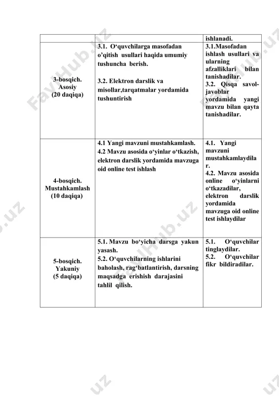 xnologiyalarining rivojlanish holati bilan va ikkinchi tomondan, ta’lim tizimini, jumladan sport sohasini zamon talablariga va ilmiy- texnikaviy taraqqiyotga moslash-tirishi bilan bog‘liqdir. o‘tilganlarni takrorlash. “axborot” so‘zi lotincha “informatsion” so‘zidan olingan bo‘lib, kutilayotgan yoki bo‘lib o‘tgan voqea, hodisalar to‘g‘risidagi ma’lu- motlarni bildiradi. insonda tashqi axborotlarni qabul qilish uchun 5 ta sezgi a’zolari mavjud: · ko‘rish ko‘z bilan -90% axborotni qabul qiladi; · eshitish quloq bilan- 9% axborotni qabul qiladi; · hid bilish burun bilan – 1 % axborotni qabul qiladi; · sezish tana bilan– 1 % axborotni qabul qiladi; · ta’m bilish til bilan – 1 % axborotni qabul qiladi; o’tilgan mavzuni takrorlash uchun quyidagi savollarga javob beramiz. ushbu fikrlash uslubi odamga ma’lumot bilan samarali ishlashi uchun zarur bo‘lgan bir qator o‘ziga xos ko‘nikmalarni beradi: muammoning shartlarini shakllantirish va rasmiylashtirish, muammo- larni hal qilish algoritmlarini tuzish hamda bajarish va boshqalar. yangi mavzu bayonita’limni axborotlashtirish axborotlashtirish kompyuter savodxonligi axborot madaniyati nima? 1. masofadan …