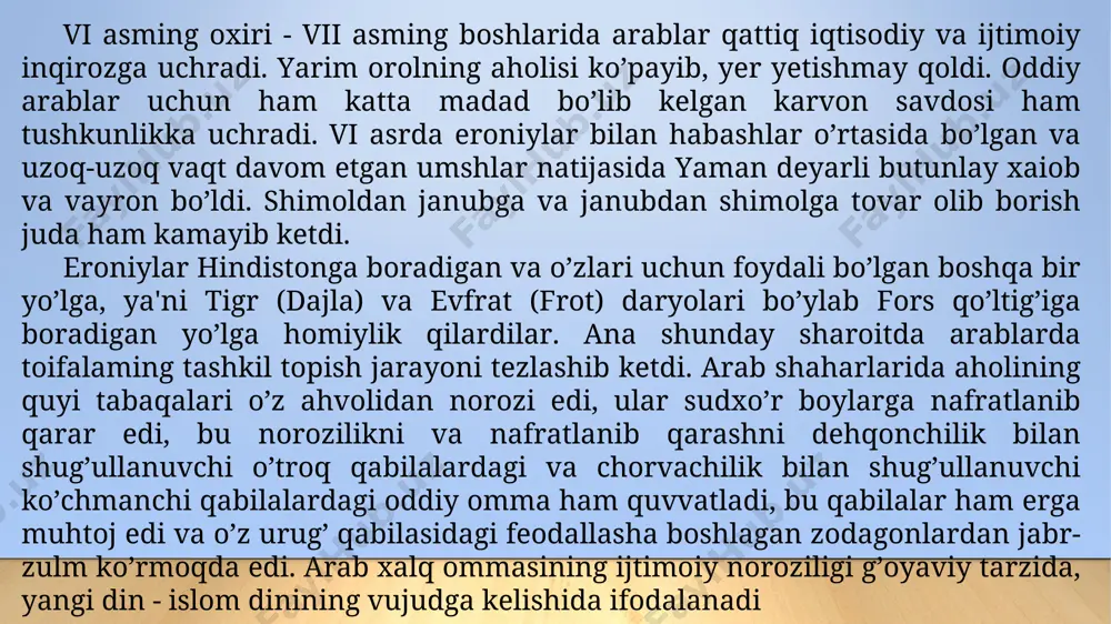 t ichida xalifalik o’z yerlarini nihoyat darajada kengaytirdi. viii asming boshlarida shimoliy afrikaning butun qirg’og’i bosib olindi. 711-714 yillarda arablar pireneya yarim orolini istilo qildilar. muoviyaning o’zi konstantinopolga ikki marta, 669 va 680 yillarda yurish qildi. 717-718 yillarda arablar uchinchi marta konstantinopol ostonasiga kelib, uni butun bir yil qamal qilib turdi. sharqda esa arab lashkarboshilari o’rta osiyoning ichkarisigacha kirib borib, xiva, buxoroni ishg’ol qildi, afg’onistonni va hindistonning shimoli-g’arbiy qismini to hind daryosiga qadar bo’lgan yerlami istilo qildi. armaniston bilan gruziya ham ummaviylar xalifaligi tarkibiga kirar edi. xalifalikning chegaralari g’arbda atlantika okeanigacha, sharqda xitoy bilan hindiston chegaralarigacha borib yetdi. umaviylar zamonida ma'muriy islohotlar o’tkazildi. shu narsa harakterliki, endi faqat “kofirlar” emas, balki musulmonlar ham soliq to’laydigan bo’ldi. uch xil soliq asosiy soliq hisoblanar edi; 1) xirоj - yer solig’i, 2) j u z ' ya - jon boshi solig’i (bu soliq avvaliga faqat g’ayri musulmonlardan olinar edi, keyinchalik borib musulmonlardan ham …