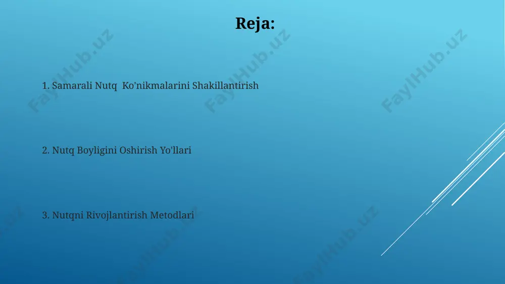 rining (til, lab, tanglay) 6 ta asosiy holatini aniq bilish va ularni nazorat qilish muhim, aks holda 20% ga yaqin fonetik xatolarga yo'l qo'yish mumkin. artikulyatsiya mashqlari tovushlarning to‘g‘ri talaffuzini shakllantirishda, masalan, sibilantlar (s, sh, z, zh) va sonorantlar (l, r) tovushlari ustida 2-3 hafta davomida muntazam mashq qilish muhimdir. artikulyatsiya mashqlarining muntazam bajarilishi, 5-10 daqiqalik mashg‘ulotlar orqali, nutq apparati mushaklarining kuchini va moslashuvchanligini sezilarli darajada oshiradi. so'z boyligini kengaytirish o'qish, yozish va suhbat jarayonida kamida 3 xil uslubda (rasmiy, norasmiy, badiiy) so'zlarni qo'llash so'z boyligini 20% ga oshirishga yordam beradi. kundalik hayotingizga 5 ta yangi so'zni kiritish va ularni turli kontekstlarda qo'llash orqali, bir oy ichida so'z boyligingizni sezilarli darajada oshirishingiz mumkin. nutqning aniqligi va ravshanligini oshirish nutqning aniqligi, so'z boyligi va grammatik to'g'riligi orqali 30% ga yaxshilanishi mumkin, bunda nutqdagi takrorlanishlarni kamaytirish va sinonimlarni qo'llash muhim ahamiyat kasb etadi. to'g'ri nafas olish texnikasi va artikulyatsiya mashqlari nutqning ravshanligini …