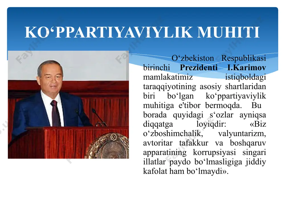b boriladi. bu - demokratik jarayon qaror topgan jahondagi ilg‘or mamlakatlarda hayot sinovidan o‘tgan tajriba. siyosiy partiyalarning huquqiy maqomlari siyosiy partiyalar bugunga kelib, dunyoning rivojlangan davlatlarida xalq bilan xokimiyat o’rtasida asosiy bog’lovchi bo’g’in bo’lgan demokratik institutga aylandilar. bundan xulosa shuki, siyosiy partiya jamiyatning bir bo’lagi bo’lib, u muayyan gurux yoki qatlamning maqsad va manfaatlarini ifoda etuvchi, uni umumdavlat va umummillat manfaatlari bilan uyg’unlashtirgan xolda faoliyat ko’rsatadigan, rivojlanishning siyosiy yo’nalishlarini aniqlab beradigan siyosiy tashkilotdir. siyosiy partiya odatda muayyan siyosiy dastur asosida faoliyat ko’rsatadi. buning boisi — siyosiy partiya atrofida jamiyatning muayyan guruxlari, tabaqalari, sinflari mahlum bir maslak, g’oya asosida birlashadilar. siyosiy partiyalar oʻzbekiston xdp faoliyatining asosiy yoʻnalishi parlamentchilik ishidir. oliy majlisning qonunchilik palatasida uning 27 nafar deputatni birlashtiruvchi fraksiyasi mavjud. oʻzbekiston xdp har bir oila, mehnat kishisining millati, dini, eʼtiqodi, ijtimoiy ahvoli va kelib chiqishidan qatʼi nazar, moddiy va maʼnaviy farovon hayot kechirishi uchun teng imkoniyatlar yaratish, ularning konstitutsiyaviy huquqlari va …