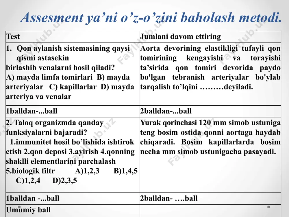 ) qon tomirlarni kengaytiradi; 5) arterial bosimni pasaytiradi; 6) yurak ishini pasaytiradi. a) a-1, 2; b-2, 3; c-1, 2, 3; d-4, 5 b) a-1, 2; b-4, 5, 6; c-1, 2, 3; d-4, 5 c) a-4, 5; b-1, 2, 3; c-4, 5; d-1, 2, 3 d) a-4, 5; b-4, 5, 6; с - 1, 2, 3; d-5, 6 uyga vazifa juftlash mashqini ishlash: t/r savollar javoblar 1 ateraskleroz a bodomcha bezlarining yallig‘lanishi) 2 surunkali tonzillit b bosh miyaga qon quyilishi 3 insult c yurak muskullarida qon aylanishining buzilishi tufayli sodir bo‘ladi 4 miokard infarkti d arterial qon bosimining ko‘tarilisli 5 yurakning ishemik kasalligi e arterial qon bosimining pasayishi 6 gipertoniya f qon tomirlari devorining ichki yuzasida yog‘ va tuz moddalari to‘planishi oqibatida tomirlar qattiqlashib, mo‘rtlashib va torayib qolishi 7 gipotoniya g qon aylanishi buzilishi tufayli yurak muskullarining ma’lum qismi yemirilishi darsimizga tashrifingiz uchun tashakkur 36 audio1.wav image2.jpeg audio2.wav audio3.wav image3.jpeg image4.png …