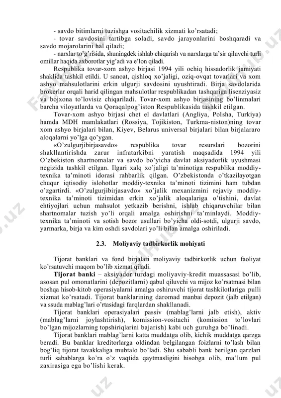 jarish, haridorga, iste’molchiga xizmat ko’rsatish va ma’lum hajmda foyda olish tadbirkor ishlab chiqarish faoliyatining natijasidir. tadbirkor foydasi yalpi va sof foydaga bo’linadi. ishlab chiqarish va sotishga ketgan harajatlardan keyin qolgan tushum yalpi foyda deyiladi. yalpi foydadan soliqlar to’lanadi. yalpi foyda hisobidan soliqlar, jarima va boshqa to’lovlar to’langandan keyin qolgan pul sof foyda hisoblanadi. tadbirkorning umumiy moliyaviy bahosini rentabellik ko’rsatkichi belgilaydi. u sof foydani jami harajatlarga bo’lgan nisbati shaklida aniqlanadi. 2.2. tijorat tadbirkorligining asosiy jihatlari tijorat tadbirkorligi faoliyati tovar birjalari yoki savdo tashkilotlari bilan bog’liq. tovar birjasi – tovar namunalari haridor tomonidan oldindan ko’zdan kechirilmagan va tovarlarni minimal partiyasi belgilangan ulgurji tovar bozorining turi. tovar birjasida o’zaro kelishilgan va rioya qilingan qoidalar asosida savdo operasiyalarini amalga oshirish uchun tijorat vositalari va ularning xizmatchilari o’z xohishlari bilan birlashadi. ushbu birjaning maqsadi erkin raqobatning boshqarish mexanizmini tashkil qilish va shu orqali talab va taklifni hisobga olgan holda haqiqiy bozor narxlarini aniqlashdir. tovar birjasi …