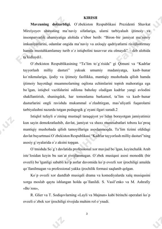 navro`z bayramlarda yigit va qizlarning qo`shiq aytishi, to`ylarda aytiladgan yor-yor, yallalar xor bo`lib ijro etilgan. shashmaqomning vokal qismidagi taronalar ham jamoa bo`lib aytilgan. katta ashulalar ham 3-4 kishi bo`lib ijro qilingan (bu xam xor ijrosi). yuqridagi aytib o`tilgan asarlar bir ovozda ijro etilgan. folklor qo`shiqlari (yor-yor, yalla, hashar, 5 qarsak, lapar, katta ashula) va maqomdagi (tarona, ufor, naqsh) qismlari jamoa bo`lib aytilgan. uning shogirdi aristotel (aflotun) komil ishonch bilan mazkur fikrni quvvatlaydi. «musiqa kishi ruxining ahloqiy tomoniga ma’lum darajada ta’sir etadi, bas shunday ekan, u yoshlarning tarbiyasiga, ta’sir etadi.» milliy madaniyatimiz bobokaloni abu-nasr al-forobiy esa musiqaning shaxs shakllanishiga aniq ta’sirini quyidagicha bayon etadi: «bu fan (ya’ni musiqa d.o) shu ma’noda foydaliki, kimning fe’l atvori muvozanatni yo’qotgan bo’lsa, tartibga keltiradi, kamol topmaganlarni kamolotga yetkazadi va muvozanatda bo’lganlarning muvozanatini saqlaydi. bu fan tanning sog’ligi uchun ham foydalidir.» musiqa inson ruhi va aqliy rivojiga bebaho ta’sir o’tkazadi. ch.darvin umrining oxirlarida quvvai xofizasi (xotirasi) …