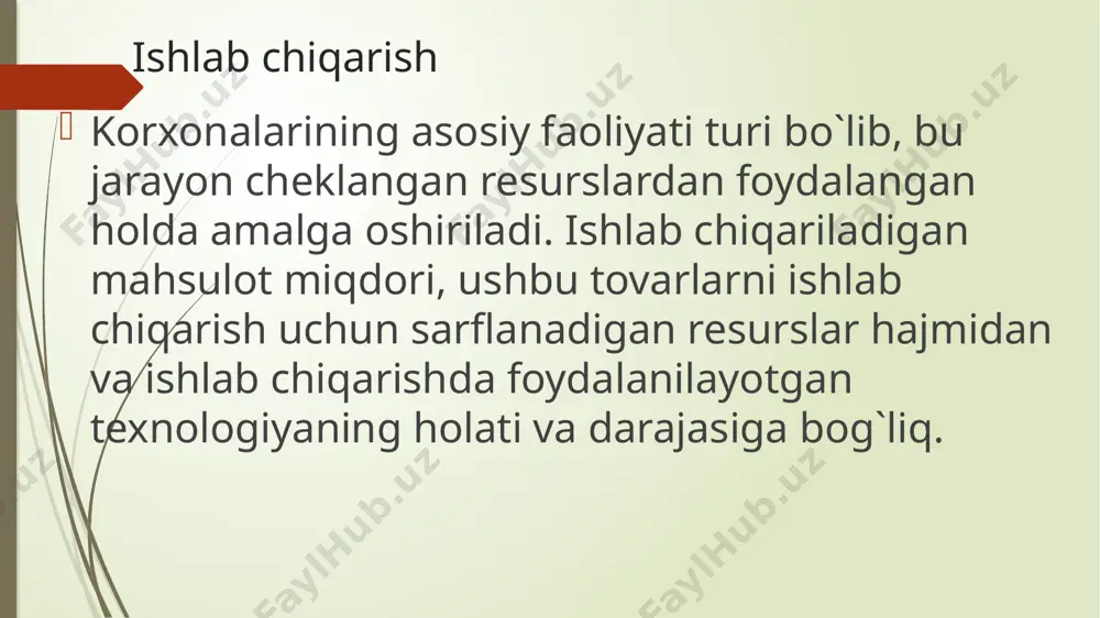 hsulot ishlab chiqarishning variantlari ko`pligini ko`rsatadi. bu firmalar uchun muhim axborot bo`lib, keyinchalik ko`ramiz, qanday qilib izokvantalar mahsulot ishlab chiqarishda xarajatlarni minimallashtiradigan yoki foydani maksimallashtiradigan omillar sarfi kombinatsiyalarini tanlashga imkon yaratadi. o`rtacha mahsulot - umumiy mahsulotni ushbu mahsulotni ishlab chiqarish uchun sarflangan o`zgaruvchan ishlab chiqarish omillari sarfiga nisbati bilan aniqlanadi.ap=q\f , bu yerda: q - umumiy mahsulot miqdori; ap- o`rtacha mahsulot; f-sarflangan resurslar. chekli mahsulot - omillar mahsuldorligining kamayish qonuni. texnologiya takomillashuvining ishlab chiqarish hajmiga ta′sir chekli texnologik almashtirish normasi. izokvantaning ma′lum nuqtasidagi burchak koeffitsienti bir ishlab chiqarish omili bilan (bu yerda kapital) boshqa bir omilni (mehnatni) texnik almashtirish qanday bo`layotganligini ko`rsatib beradi. shuning uchun ham ushbu burchak koeffitsientining absolyut qiymati chekli texnologik almashtirish normasi deb yuritiladi va u mrts ko`rinishida belgilanadi. chekli texnologik almashtirish normasi ishlab chiqarish funksiyasining omillari to`liq almashtiriladigan holat tarkibi belgilangan omillardan foydalanishni ifodalovchi ishlab chiqarish funksiyasi izokosta izokosta izokostaning joylashuvi ishlab chiqaruvchining muvozanat nuqtasi masshtab …