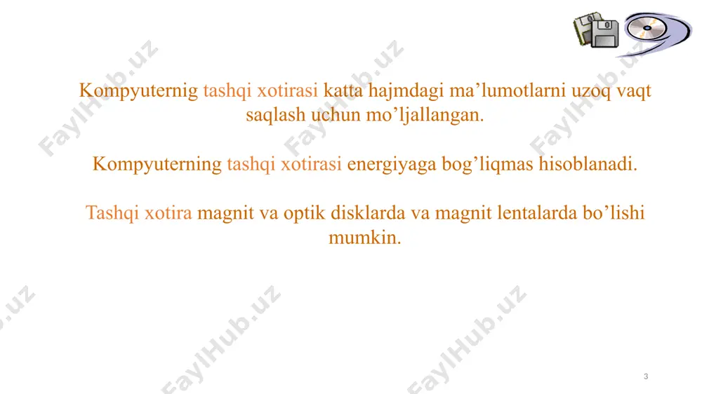 ardan iborat bo’lishi mumkin. flesh-xotira kartalari flesh-xotira kartalarining axborot hajmi 128 gbaytgacha bo’lishi mumkin. flesh-xotiraga yozilgan ma’lumotlar juda uzoq vaqt saqlanishi mumkin (20 yidan 100 yilgacha). flesh-xotira ancha ixcham va magnit va optik disklarga qaraganda sezilarli darajada kam quvvat sarflaydi (taxminan 10-20 marta). ma’lumotlarni o’qish va yozish uchun xotira kartasi mobil qurilmalarga o’rnatilgan yoki usb-porti orqali kompyuterga bog’lanadigan maxsus tashuvchiga (kartriderga) kiritiladi. universal kartrider 24 flesh-xotira flesh-disklar (64 gb gacha) flesh-kartalar (64 gb gacha) saqlash uchun energiya talab etilmaydi yuqori tezlik ixcham 1 gbayt uchun yuqori narx yozish va o’chirishda eskirishi (100000 siklda) foto: to’liq to’ldiring, keyin hammasini o’chiring. flesh-diskda fayllarni tahrirlamang! ! energiyaga bog’liq bo’lmagan xotira flash-disk ichi: 1. usb-ulagichi. 2. mikrokontroller. 3. nazorat nuqtasi. 4. flash-xotira mikrosxemasi. 5. kvarsli rezonator. 6. svetidiod. 7. «yozishdan himoya qilish» ulagichi. 8. qo’shimcha xotira mikrosxemasi uchun joy. flash-xotira kartasi o’zida kichik yassi korpusga joylashtirilgan katta integral sxemani (kis) tavsiflaydi. для считывания информации …