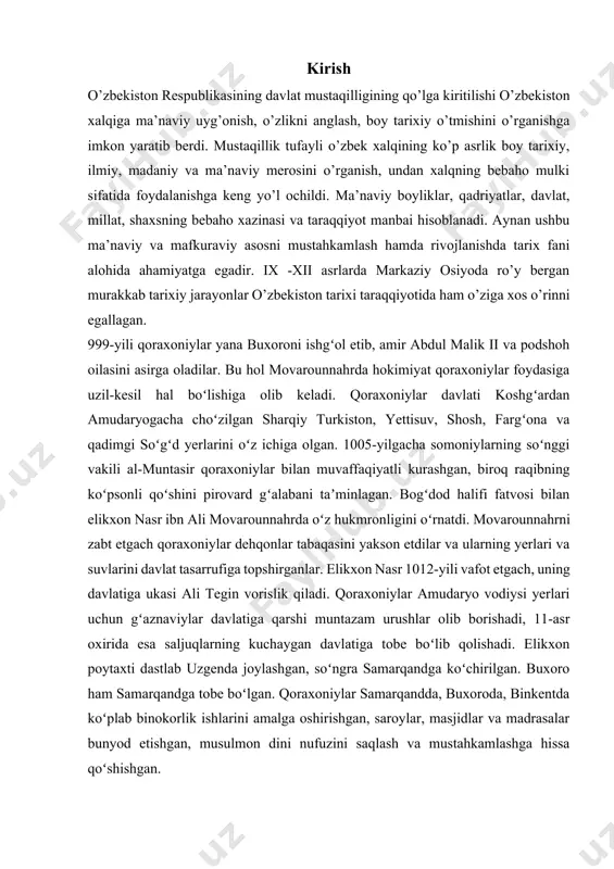 orishadi, 11-asr oxirida esa saljuqlarning kuchaygan davlatiga tobe boʻlib qolishadi. elikxon poytaxti dastlab uzgenda joylashgan, soʻngra samarqandga koʻchirilgan. buxoro ham samarqandga tobe boʻlgan. qoraxoniylar samarqandda, buxoroda, binkentda koʻplab binokorlik ishlarini amalga oshirishgan, saroylar, masjidlar va madrasalar bunyod etishgan, musulmon dini nufuzini saqlash va mustahkamlashga hissa qoʻshishgan. mazkur davlat chegarasida islom dini keng yoyilgan. qoraxoniylar oʻz davlat chegarasini somoniylar sulolasiga tegishli hududlar hisobiga kengaytirish siyosatini olib borishgan. somoniylar hokimiyati bu vaqtga kelib, chuqur siyosiy, ijtimoiy-iqtisodiy inqirozga yuz tutib zaiflashib qolgan edi. ana shunday vaziyatda qoraxoniylar somoniylar poytaxti buxoroni deyarli qarshiliksiz ishgʻol etishadi. biroq, hasan bugʻroxon betobligi tufayli buxoroda uzoq turmay, qashqarga qaytishda yoʻlda vafot etadi. 996 yil qoraxoniylar yana movarounnahr sari yurish boshlaydi. gʻaznaviylar bilan olib borilgan muzokaralar natijasida oʻrtada shartnoma tuzilib, unga koʻra, sirdaryo havzasi qoraxoniylar qoʻliga oʻtadi. amudaryoning jan.dagi yerlarda va xuroson hududida sabukteginsh hukmronligi oʻrnatiladi. somoniylar ixtiyorida esa movarounnahrning markaziy qis-migina qoladi. somoniylar hokimiyati tugatilgach, 10-asr oxirlariga kelib, …