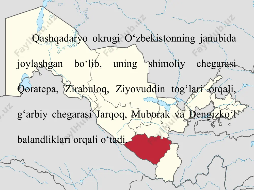 himlari do‘ltalisho‘r, sho‘rsoy, suxtasho‘r, yonboshsho‘r va boshqalar hisoblanadi. qashqadaryo tabiiy geografik okrugida bir necha cho‘llar bo‘lib, qarshi cho‘lining shimoli va shimoli g‘arbida qarnob, jom cho‘llari, janubi sharqida nishon cho‘li joylashgan. qashqadaryo tabiiy geografik okrugi geologik tuzilishi jihatidan bir xil emas. uning tog‘li qismi paleozoy erasining gersin tog‘ hosil bo‘lishi jarayonida burmalangan bo‘lib, kristalli slanes, ohaktosh, marmar, granit kabi jinslardan tashkil topgan. zarafshon tog‘ining g‘arbiy davomi hisoblangan chaqilkalon ko‘proq giðs, mergel, ohaktoshlardan tashkil topganligi tufayli karst jarayoni rivojlangan. o‘sha tog‘da o‘rta osiyodagi eng chuqur — kili (1082 m) g‘ori joylashgan (40- rasm). qashqadaryo tabiiy geografik okrugining tekislik qismi turon plitasining sharqiy chekka qismi ustida joylashgan. uning ustini esa qum, gil, konglomerat kabi jinslar qoplab olgan. tekislikdagi qoldiq tog‘lar (olovuddintog‘, kosontog‘ va boshqalar) paleozoy va mezozoy jinslaridan tashkil topgan. qashqadaryo okrugida gaz, neft, marmar, giðs, dala shpati, har xil qurilish material konlari bor.