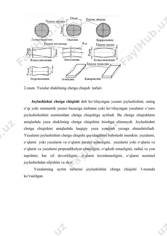 isbatan yoki kо‘rilayotgan yuzalarni о‘zaro joylashishishini nominaldan chetga chiqishiga aytiladi. bu chetga chiqishlarni aniqlashda yuza shaklining chetga chiqishini hisobga olinmaydi. joylashishni chetga chiqishini aniqlashda haqiqiy yuza yondosh yuzaga almashtiriladi. yuzalarni joylashishini chetga chiqishi quyidagilarni baholashi mumkin: yuzalarni, о‘qlarni yoki yuzalarni va о‘qlarni paralel emasligini, yuzalarni yoki о‘qlarni va о‘qlarni va yuzalarni perpendikulyar emasligini, о‘qdosh emasligini, radial va yon tepishini, har xil devorliligini, о‘qlarni kesishmasligini, о‘qlarni nominal joylashishdan siljishini va sh.о‘. yuzalarning ayrim turlarini joylashishini chetga chiqishi 3-rasmda kо‘rsatilgan. 3-rasm. yuzalar bо‘yicha chetga chiqishlarni joylashish turlari shaklni о‘lchamlarini va detal yuzalarini joylashishini chetga chiqishini о‘lchash uchun usullar va texnik vositalar ishlab chiqilgan bо‘lib, ular faqatgina baholanayotgan chetga chiqishlarni hisobga olmasdan, geometrik shaklni, о‘lchamlarni, ishlov berilayotgan detalning aniqligini va ishlab chiqarishni seriyaligini ham hisobga oladi. har handay о‘lchash hatoliklar bilan kechadi. shuning uchun hо‘pol hatoliklarga yо‘l qо‘ymaslikni oldini olish va о‘lchash natijalarini aniqligini oshirish maqsadida “n” marta takrorlanishda о‘lchashlarni о‘tkaziladi. ayrim qayta …