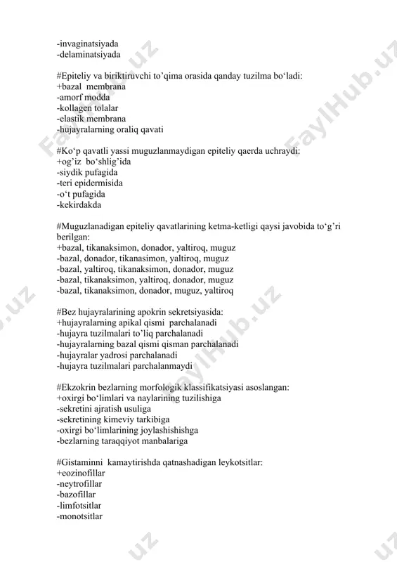 fosfataza -perksidaza -sitoxromoksidaza #tog’ay to’qimasining klassifikatsiyasi asoslangan: +hujayralararo moddaning tuzilishiga -a'zolarda tog’aylarni joylashishiga -ularni kelib chiqishiga -tolali tuzilmalarga -xujayra elementlarining tarkibiga #naysimon suyaklarning eniga o‘sishi nima xisobiga boradi +suyak usti pardasi(periost) -metaepifizar tog’ay plastinkasi -tashqi umumiy plastinkalar -ichki umumiy plastinkalar -osteonlar #nerv nayidan takomillashadigan miotsitlar: +ko‘zning rangdor pardasi miotsitlari -ichki a'zolar devoridagi silliq miotsitlar -mioepiteliotsitlar -qisqaruvchi kardiomiotsitlar -o‘tkazuvchi kardiomiotsitlar #har bir skelet mushak tolalari o‘ralgan: +endomiziy bilan -perimiziy bilan -epimiziy bilan -endotenoniy bilan -peritenoniy bilan #o‘simtasi t-shaklda tarmoqlangan neyron: +psevdounipolyar -multipolyar -neyroblast -bipolyar -unipolyar #sekretor funksiyasini bajaruvchi neyroglial hujayralar: +ependimogliotsitlar -protoplazmatik astrotsitlar -tolali astrotsitlar -mikrogliotsitlar -oligodendrotsitlar #nerv tolasidagi bo‘g’iqlar joylashgan: +qo‘shni lemmotsitlar chegarasida -mezaksonda -nerv tolalarini birikkan joyida -lemmotsitlarni yadroli zonasida -lemmotsitlar atrifida #mezakson hisoblanadi: +lemmotsit plazmolemmasining duplikaturasi -lemmotsit tarkibi -ependimotsit plazmolemmasining duplikaturasi -mikrogliya -neyrotsit plazmolemmasining duplikaturasi #bosh miya qorinchalari va orqa miya kanali devorini qoplovchi hujayralar: +ependimogliotsitlar -astrotsitlar -oligodendrogliotsitlar -endoteliotsitlar -ko‘p qatorli prizmatik epiteliy #orqa miya tuguni joylashgan: +orqa …